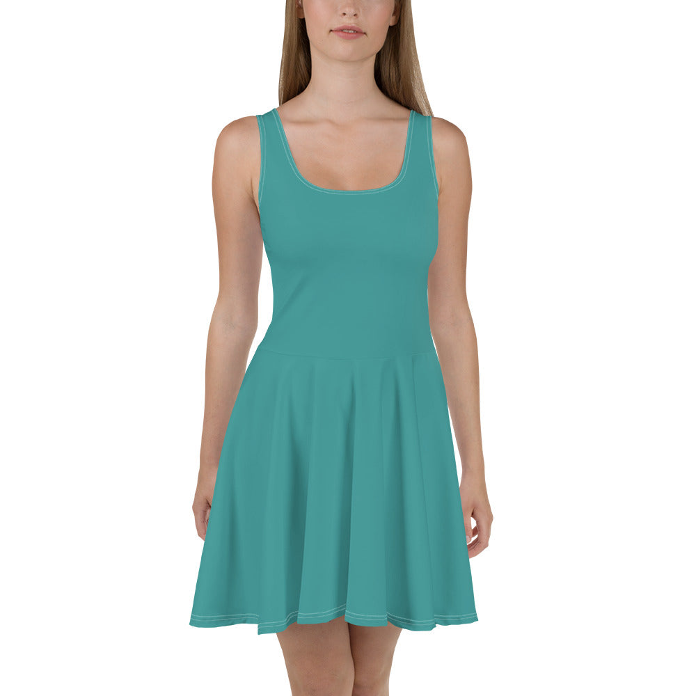 A stylish teal green women's skater dress featuring a flattering A-line silhouette, sleeveless design, and knee-length hem.