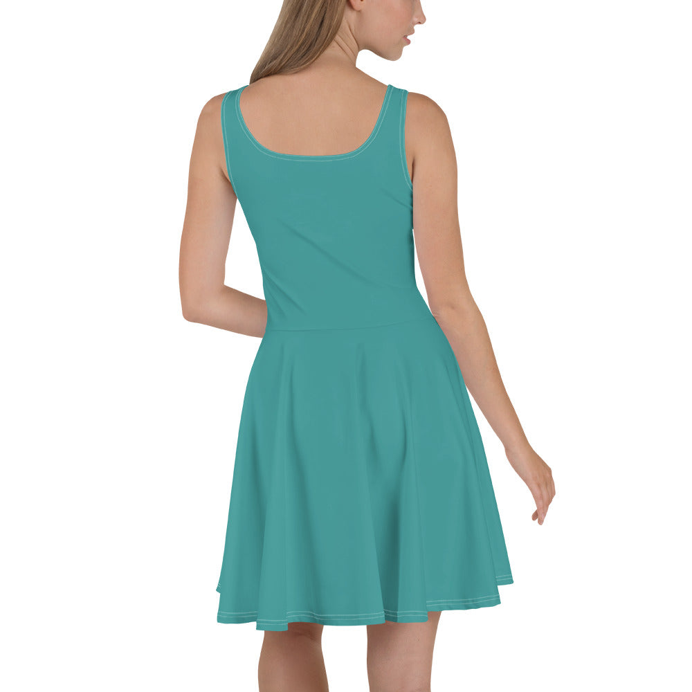 A stylish teal green women's skater dress featuring a flattering A-line silhouette, sleeveless design, and knee-length hem.