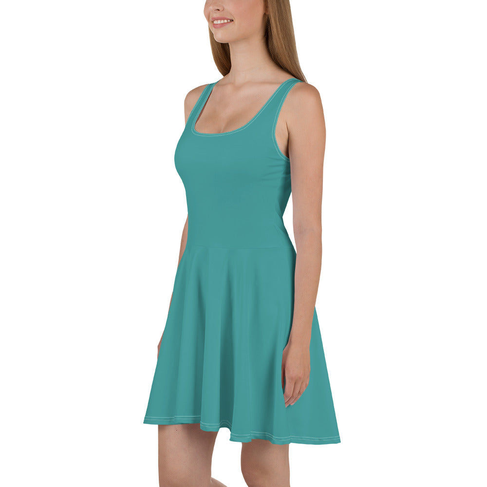 A stylish teal green women's skater dress featuring a flattering A-line silhouette, sleeveless design, and knee-length hem.