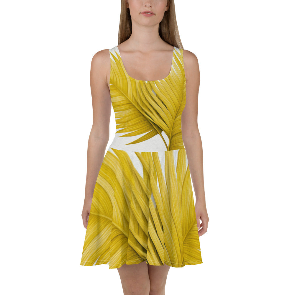 A stylish women's skater dress featuring a vibrant yellow palm leaves print, designed with a flattering A-line silhouette and sleeveless style.