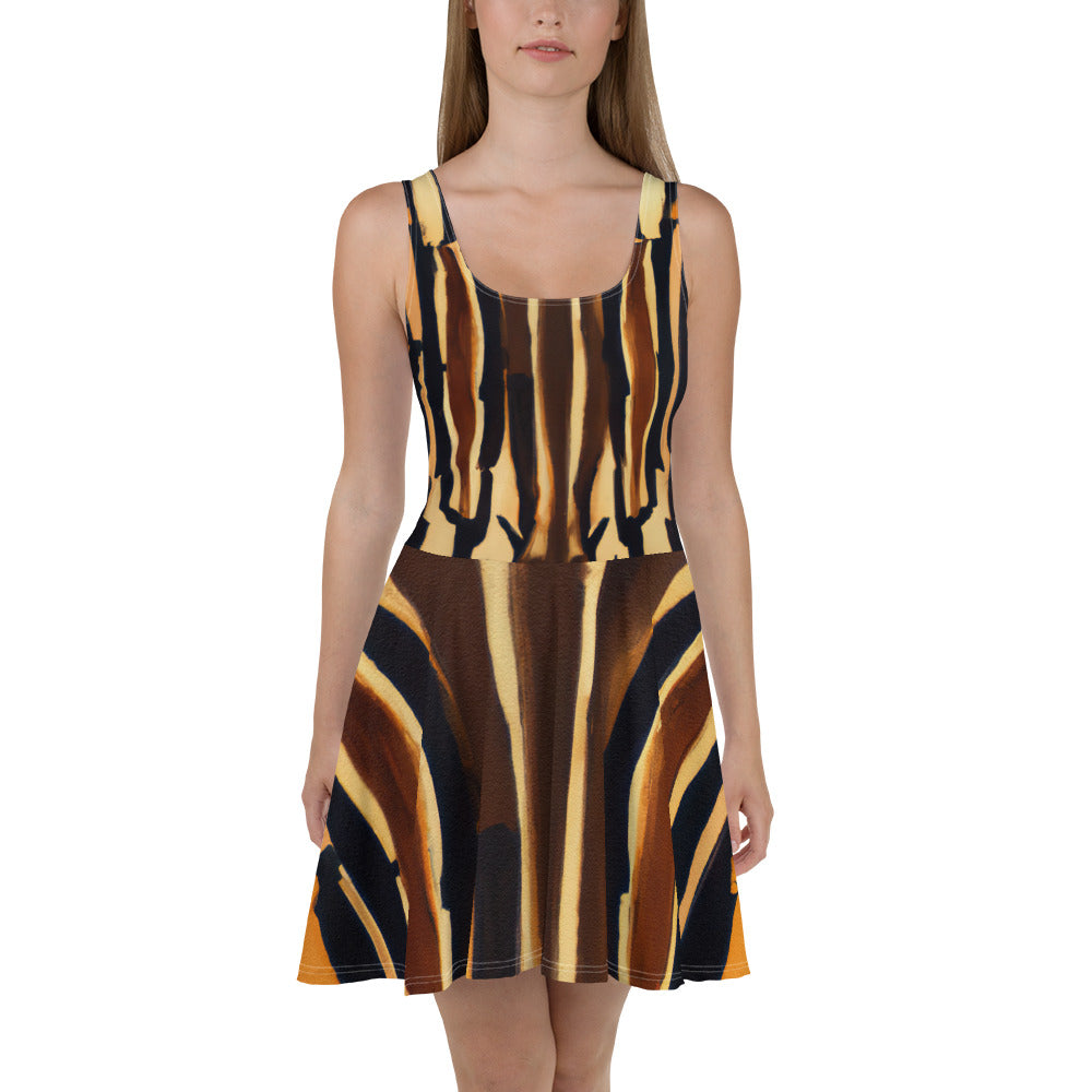 A stylish women's skater dress featuring a unique Zorse lines geometric print, showcasing a flattering A-line silhouette and sleeveless design.