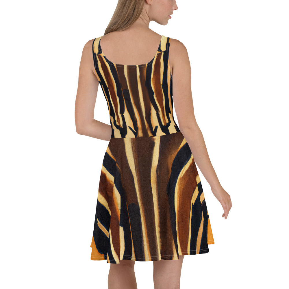 A stylish women's skater dress featuring a unique Zorse lines geometric print, showcasing a flattering A-line silhouette and sleeveless design.