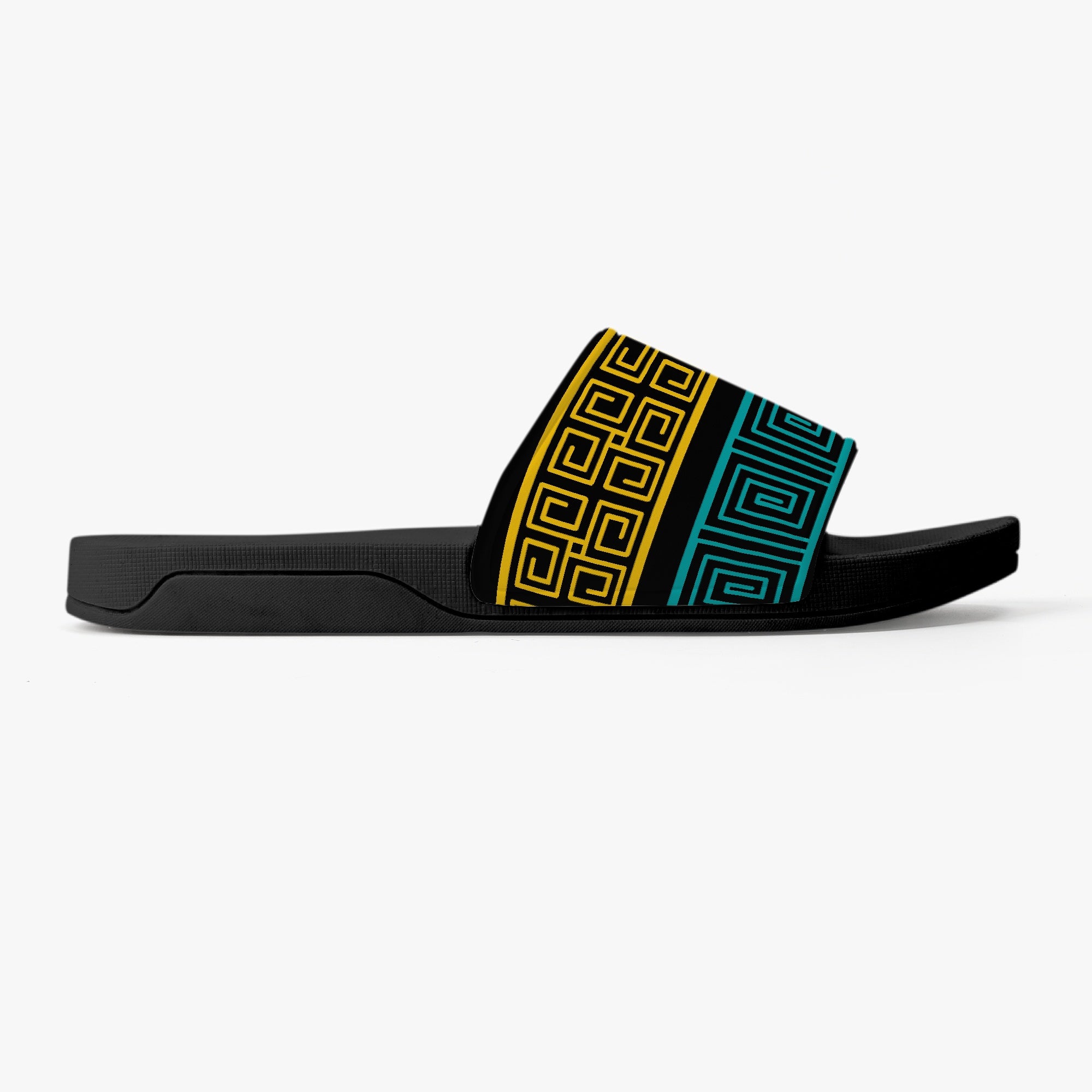 Women's slide sandals featuring a blue and yellow geometric print, designed for comfort and style.