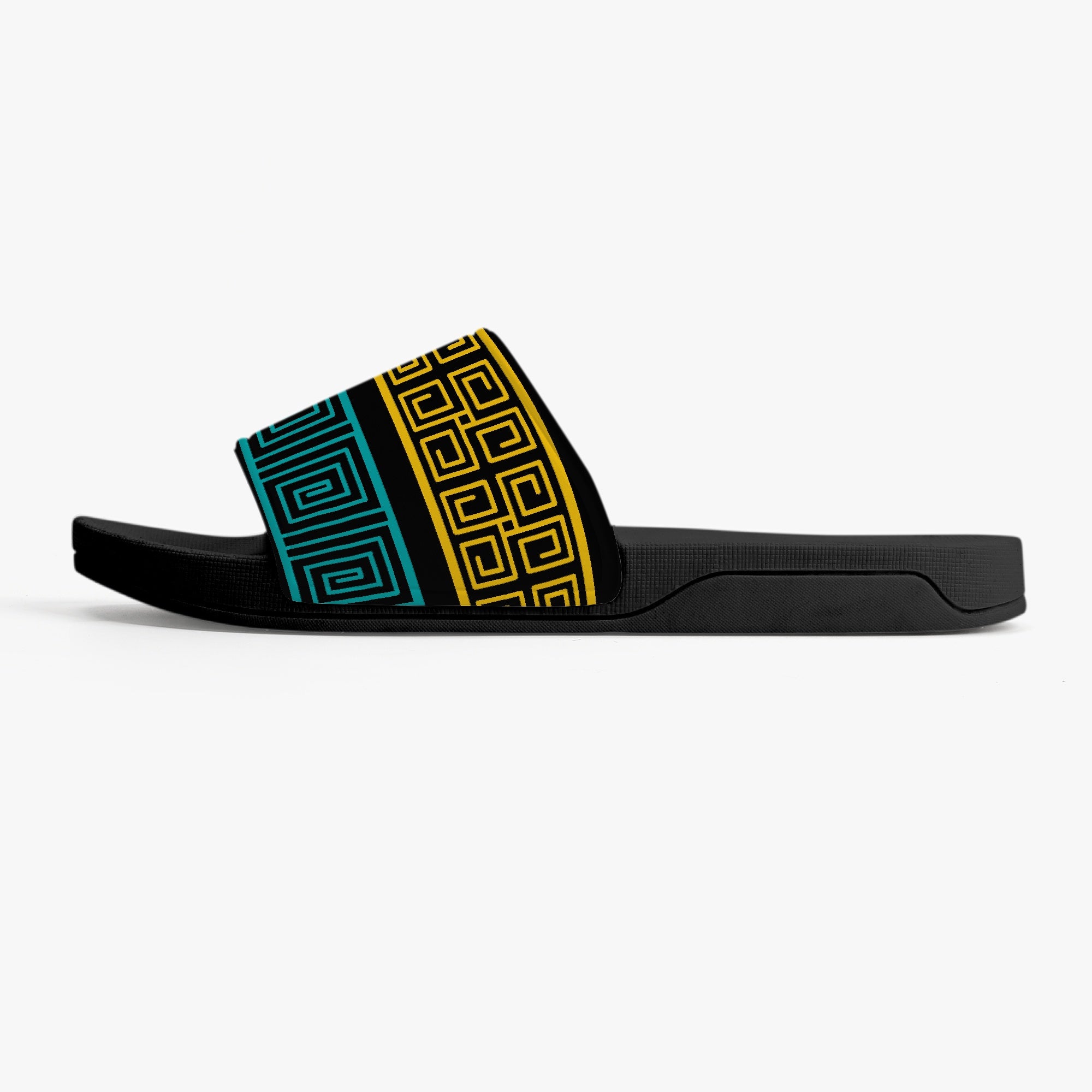 Women's slide sandals featuring a blue and yellow geometric print, designed for comfort and style.