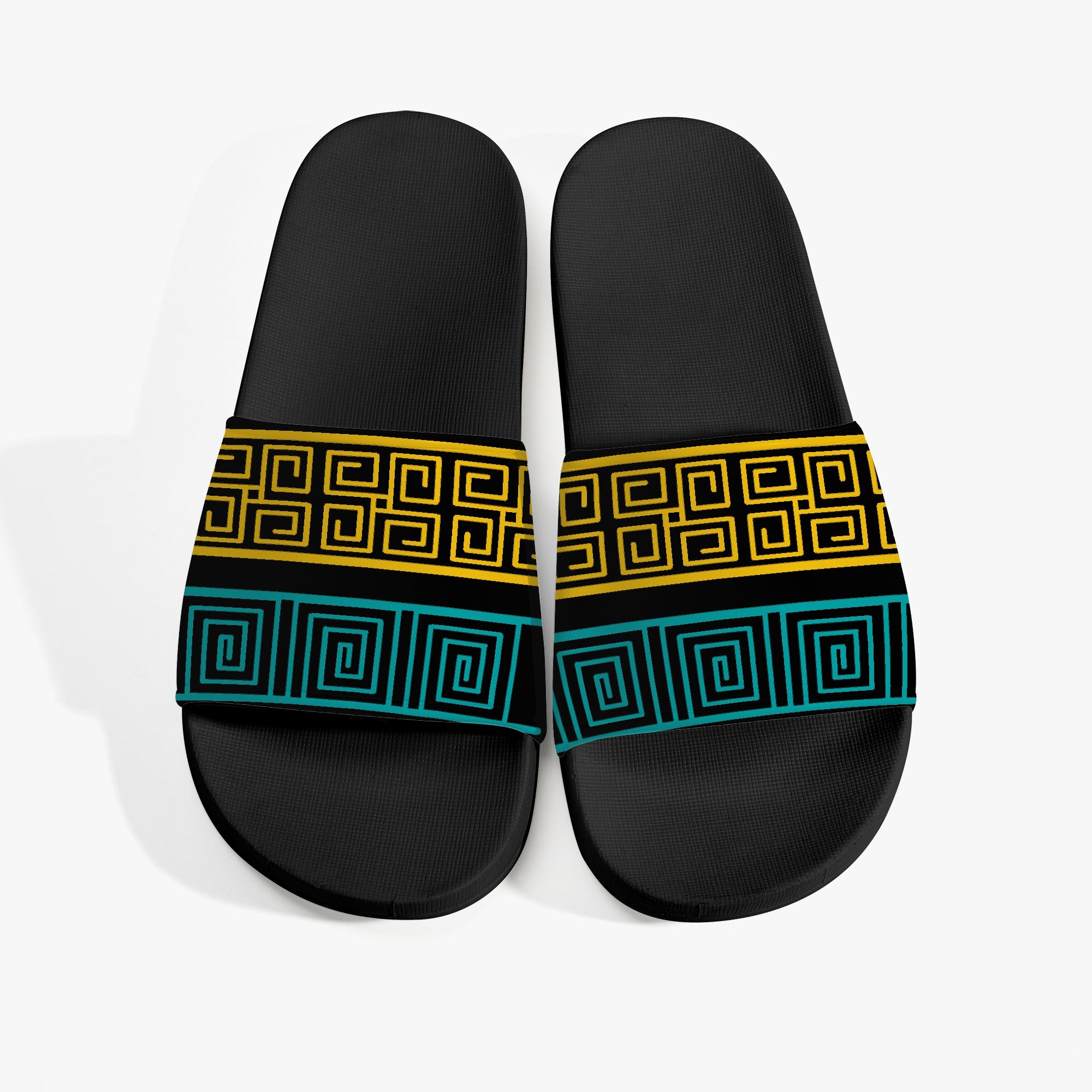 Women's slide sandals featuring a blue and yellow geometric print, designed for comfort and style.