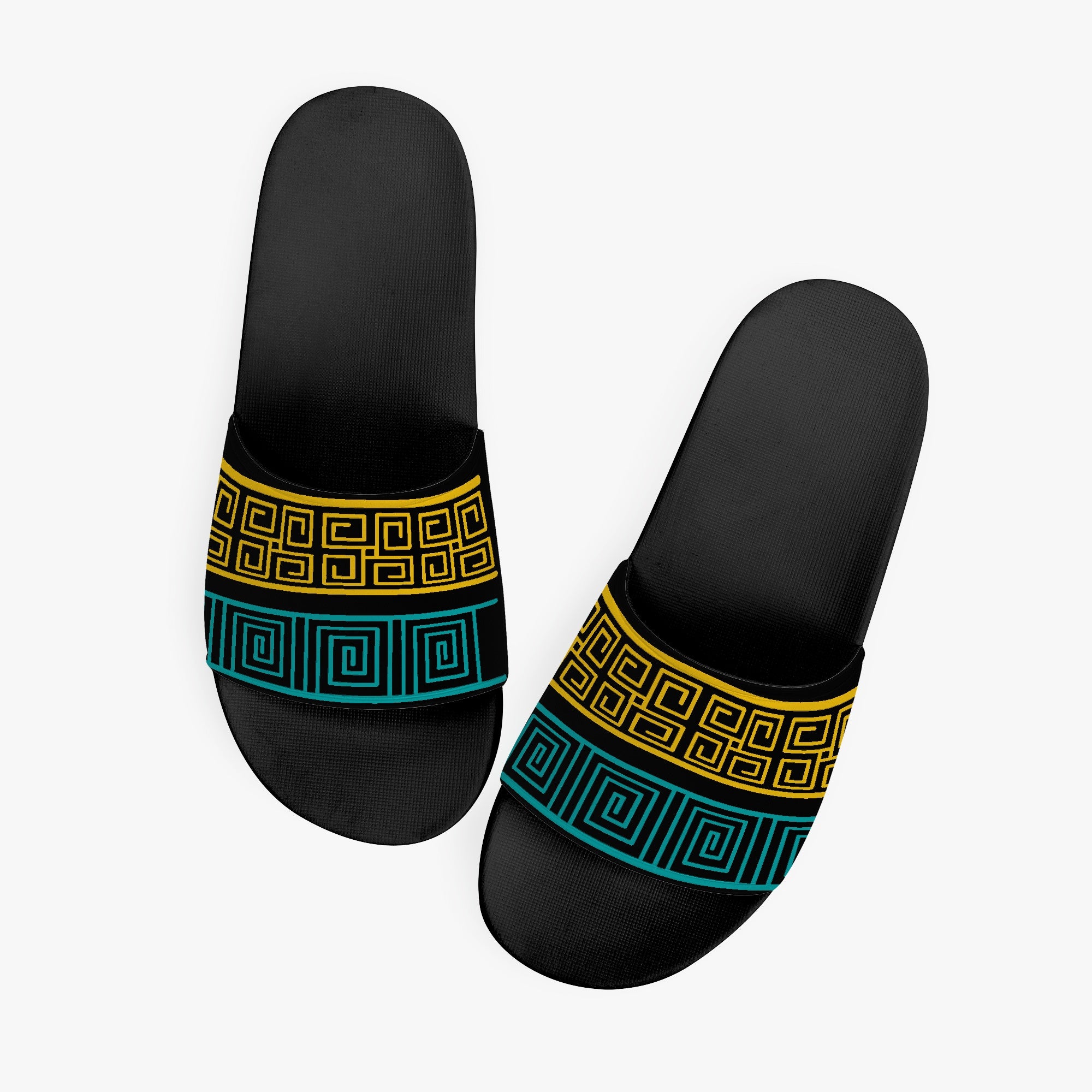 Women's slide sandals featuring a blue and yellow geometric print, designed for comfort and style.