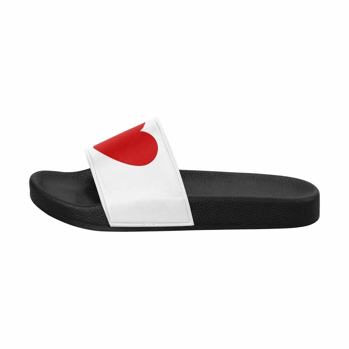 A pair of stylish women's slide sandals featuring a vibrant white and red print, designed for comfort and easy wear.