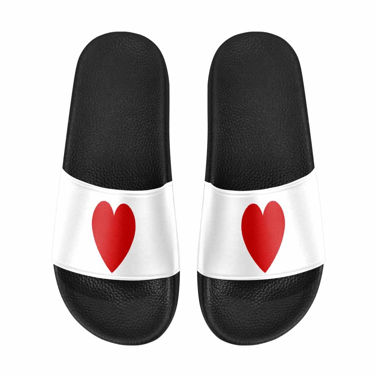 A pair of stylish women's slide sandals featuring a vibrant white and red print, designed for comfort and easy wear.