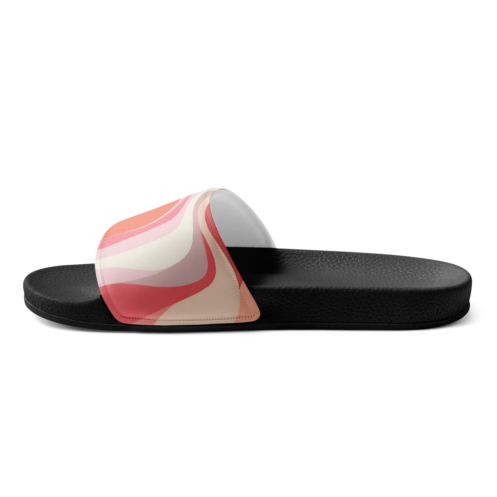 A pair of women's slides featuring a Boho pink and white contemporary art lined pattern, showcasing a cushioned upper strap and textured footbed.