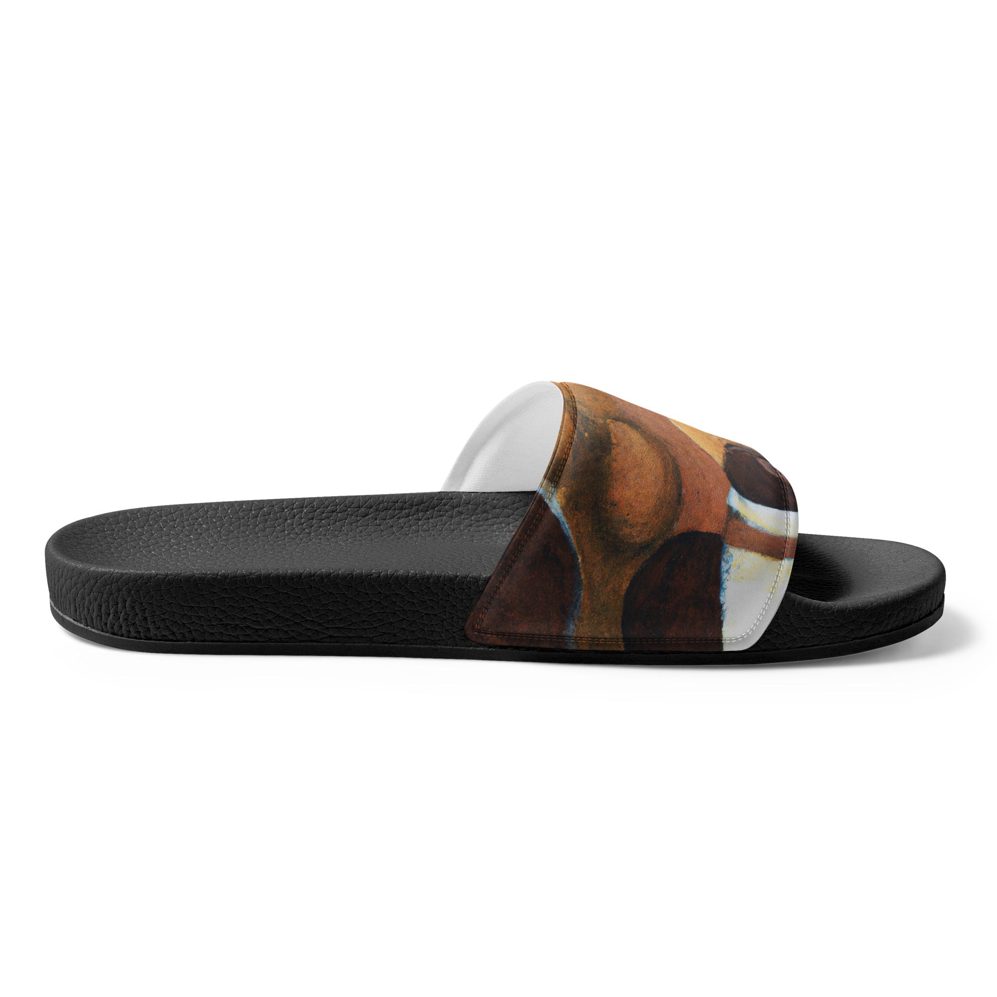 A pair of women's slides featuring a brown and white stone pattern, designed for comfort and style, perfect for summer activities.