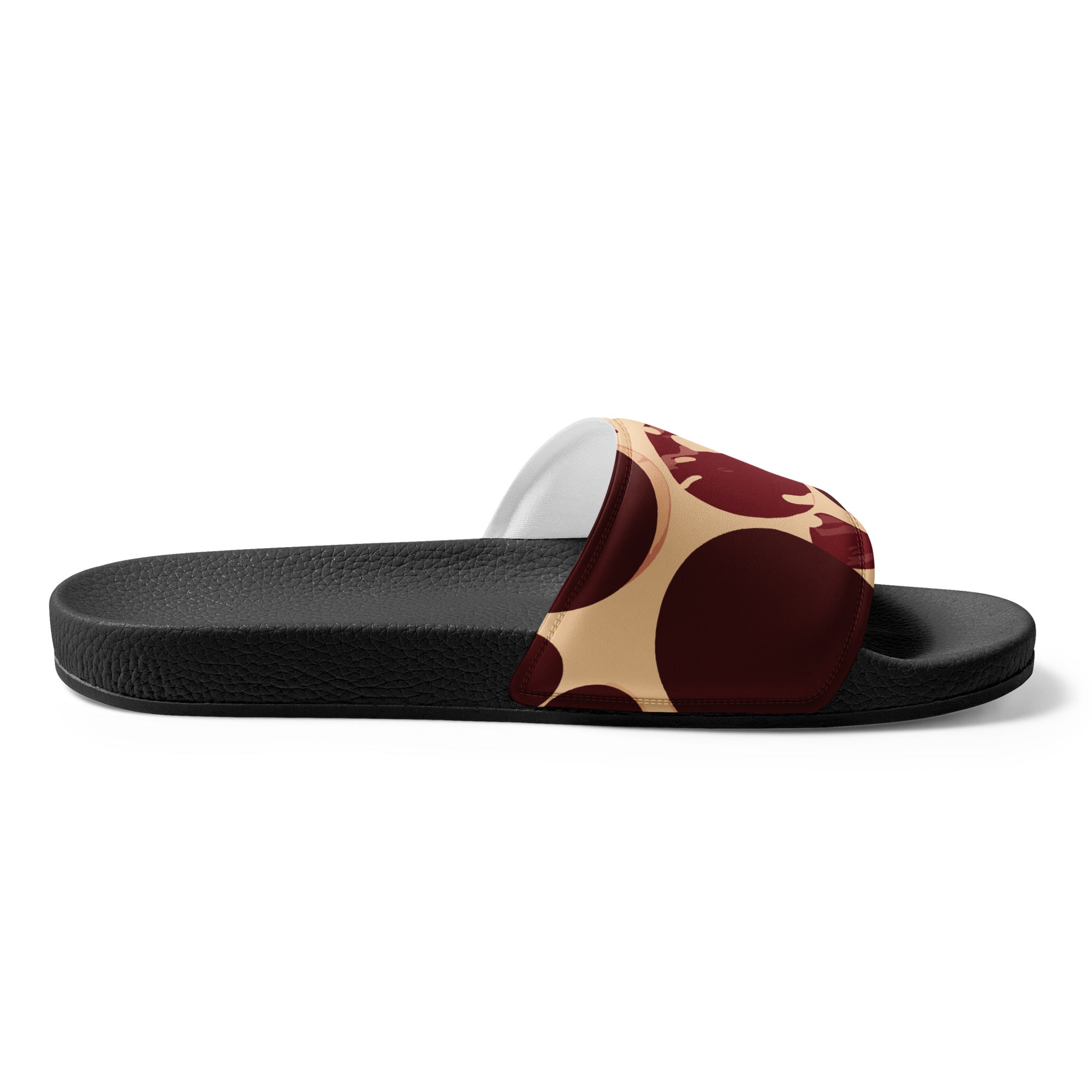 Stylish women's slides featuring a burgundy and beige circular spotted design, perfect for summer wear.