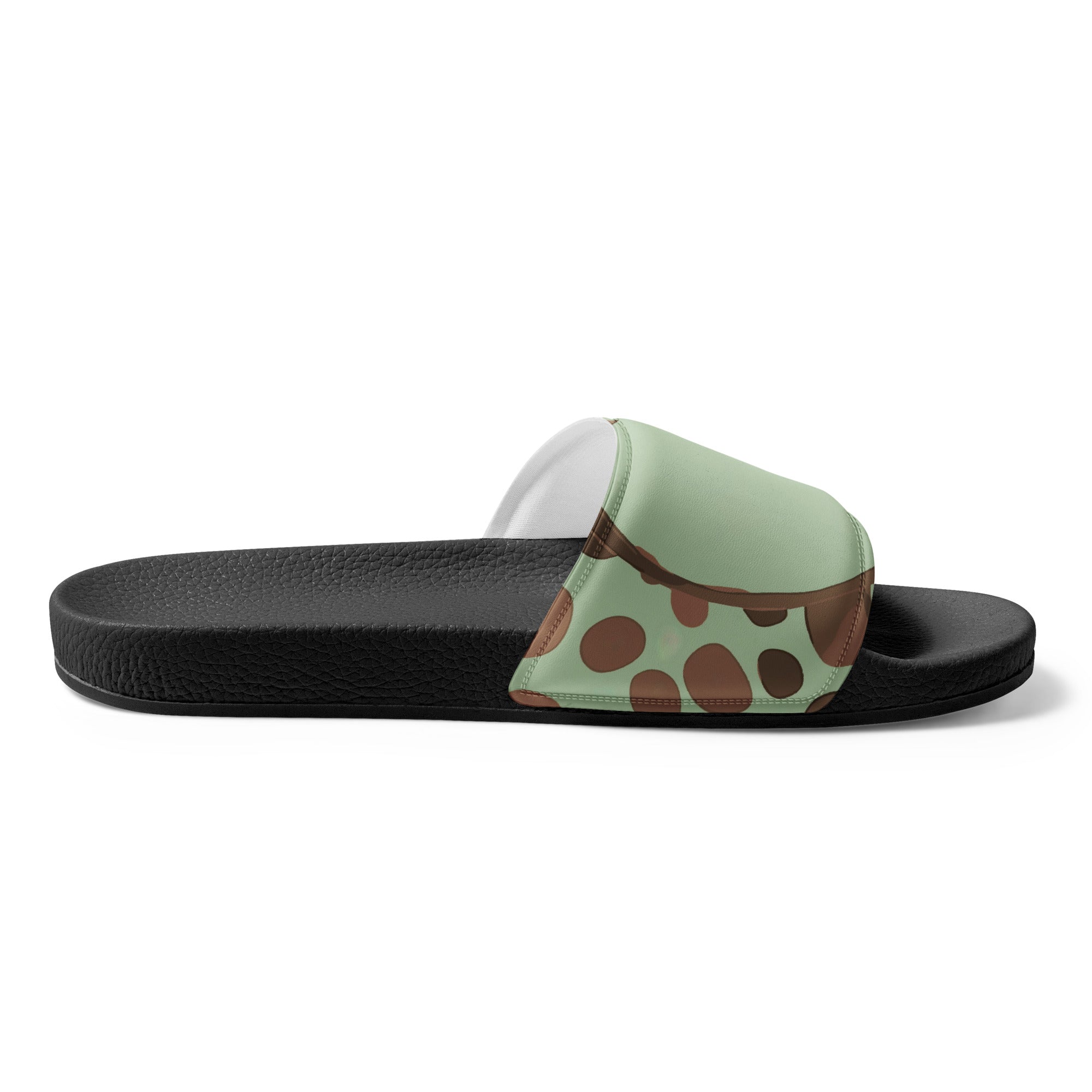 Mint green and brown spotted illustration women's slides with cushioned strap and textured footbed, perfect for summer wear.