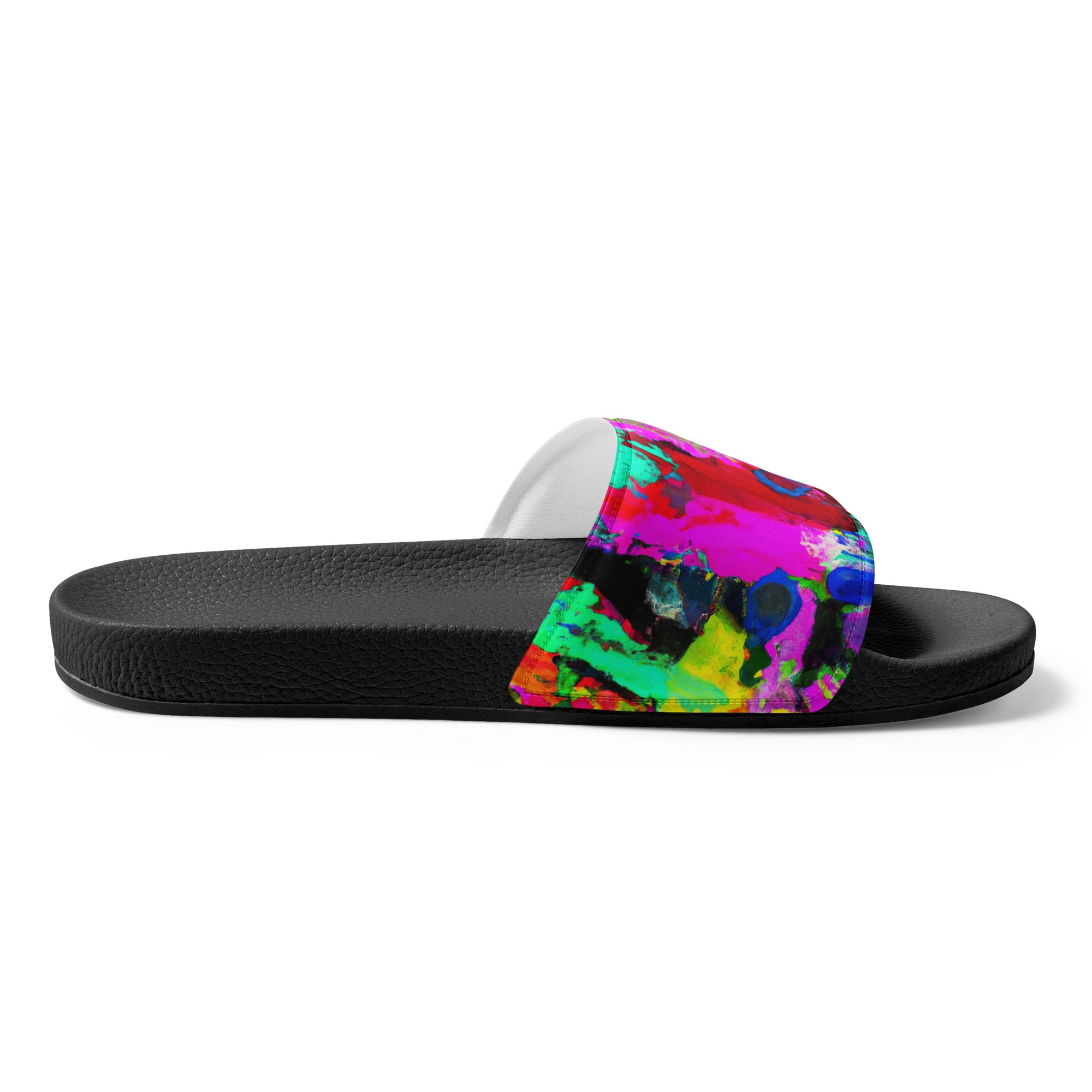 A pair of Women's Slides featuring a vibrant multicolor abstract expression pattern, designed for comfort and style during summer activities.