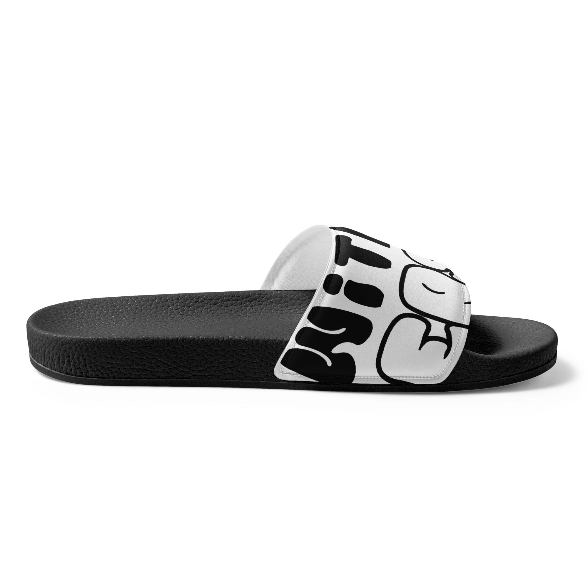 A pair of black and white women's slides featuring the phrase 'Pray Without Ceasing' on the strap, designed for comfort and style.