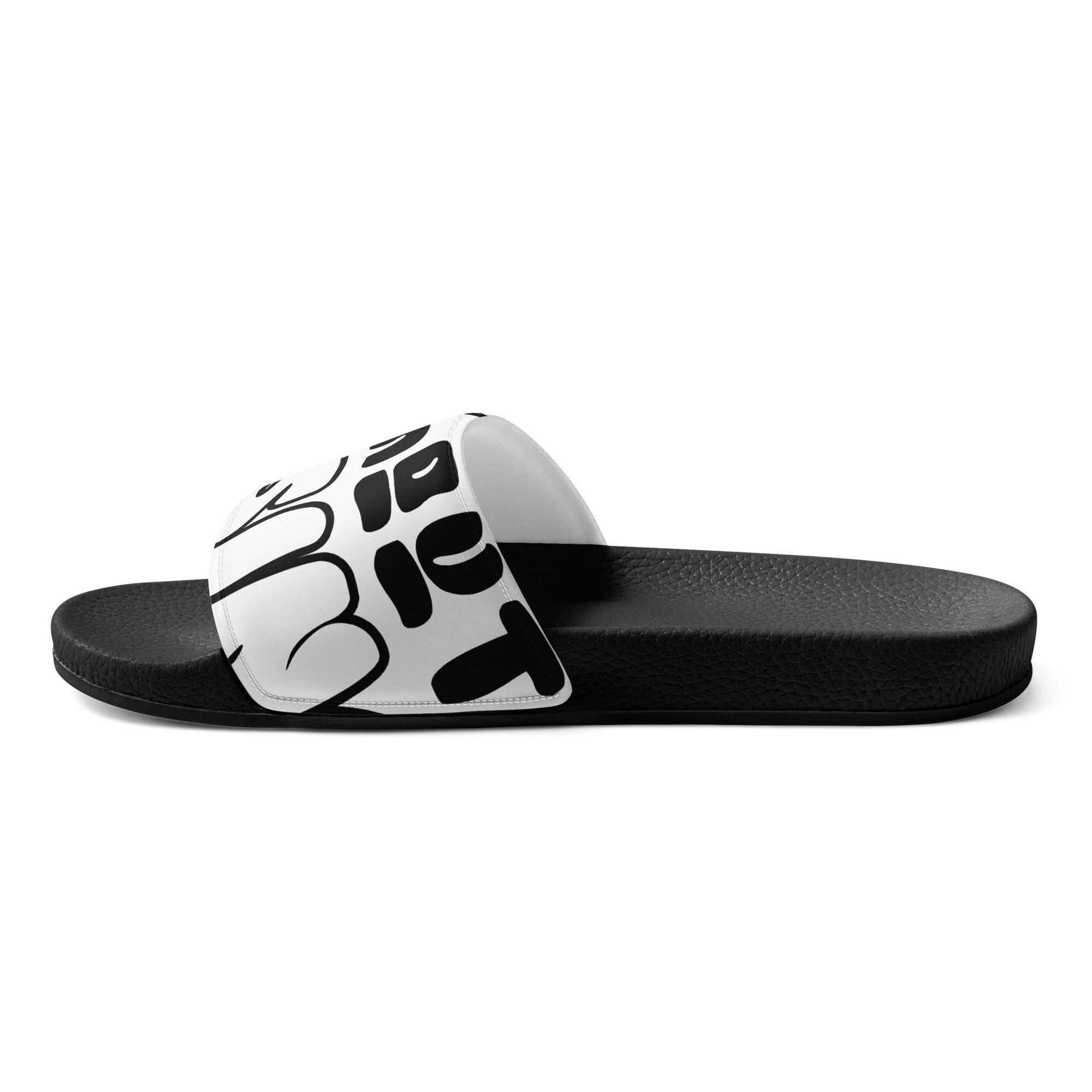 A pair of black and white women's slides featuring the phrase 'Pray Without Ceasing' on the strap, designed for comfort and style.