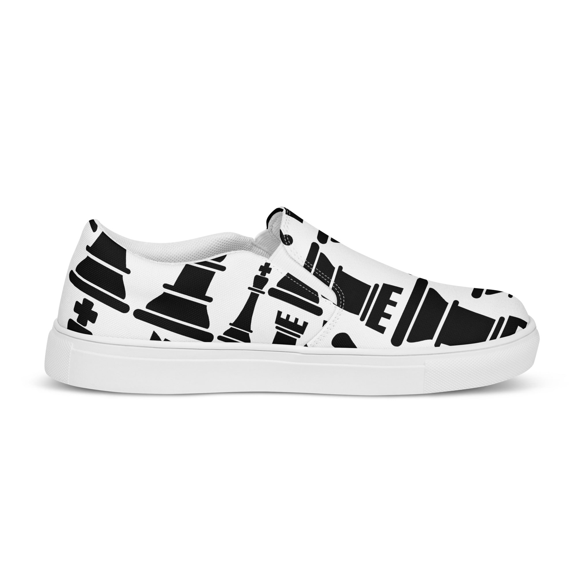 Women’s slip-on canvas shoes featuring a stylish black and white chess print, designed for comfort and ease of wear.