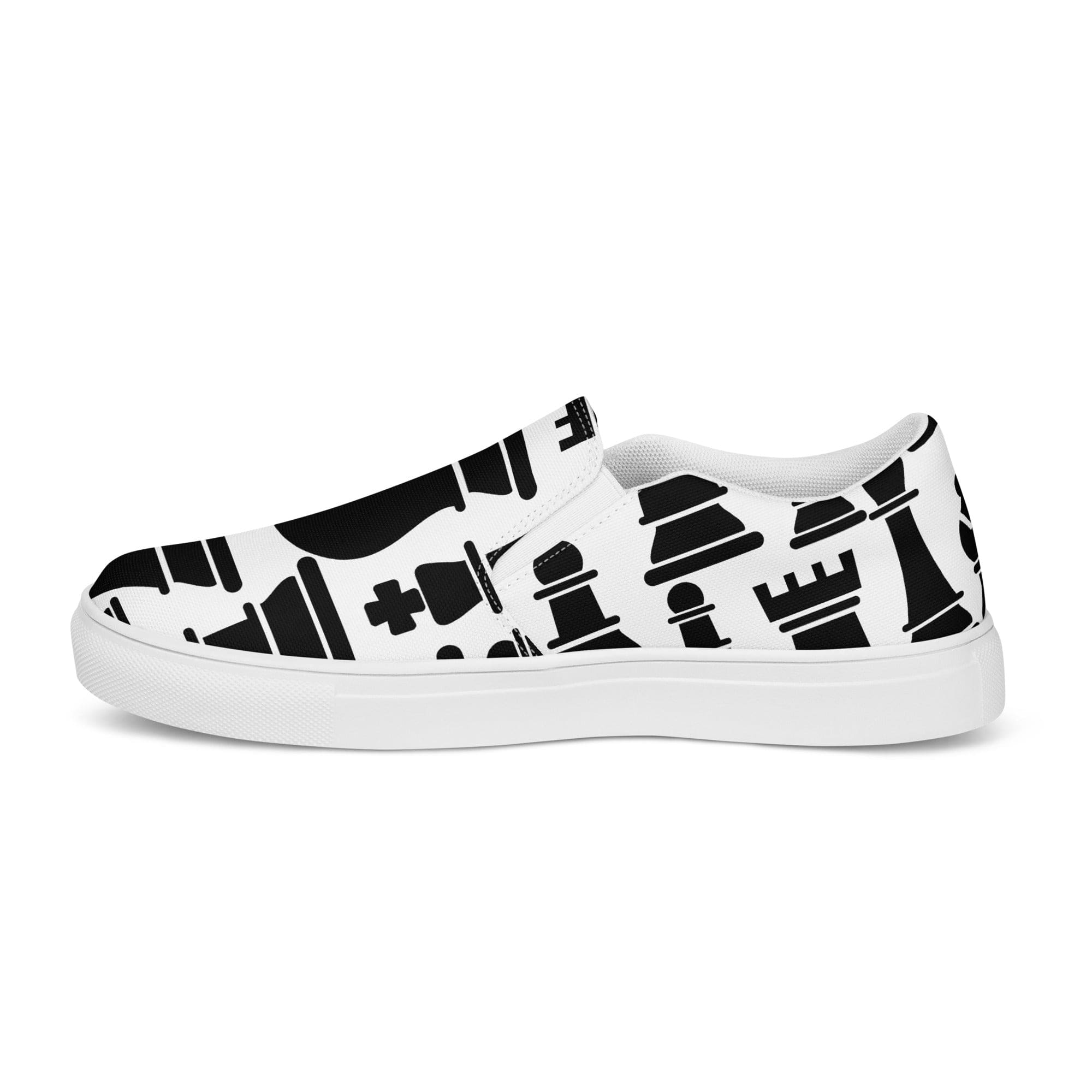 Women’s slip-on canvas shoes featuring a stylish black and white chess print, designed for comfort and ease of wear.