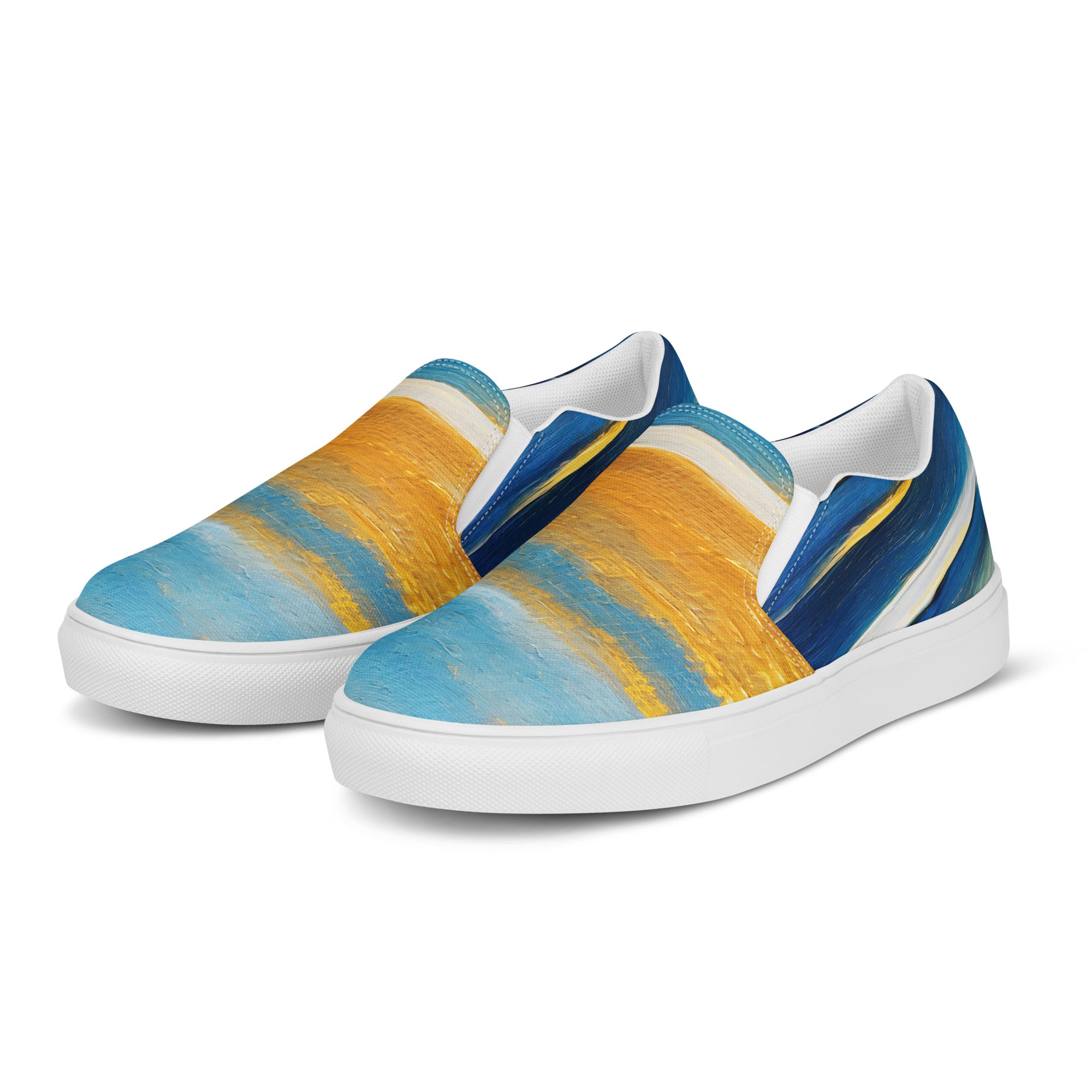 Womens slip-on canvas shoes featuring a vibrant blue ocean and golden sunset print, designed for comfort and style.