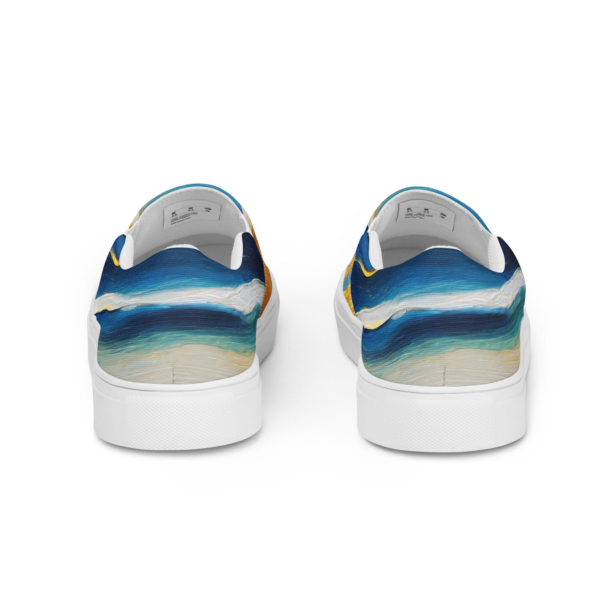 Womens slip-on canvas shoes featuring a vibrant blue ocean and golden sunset print, designed for comfort and style.