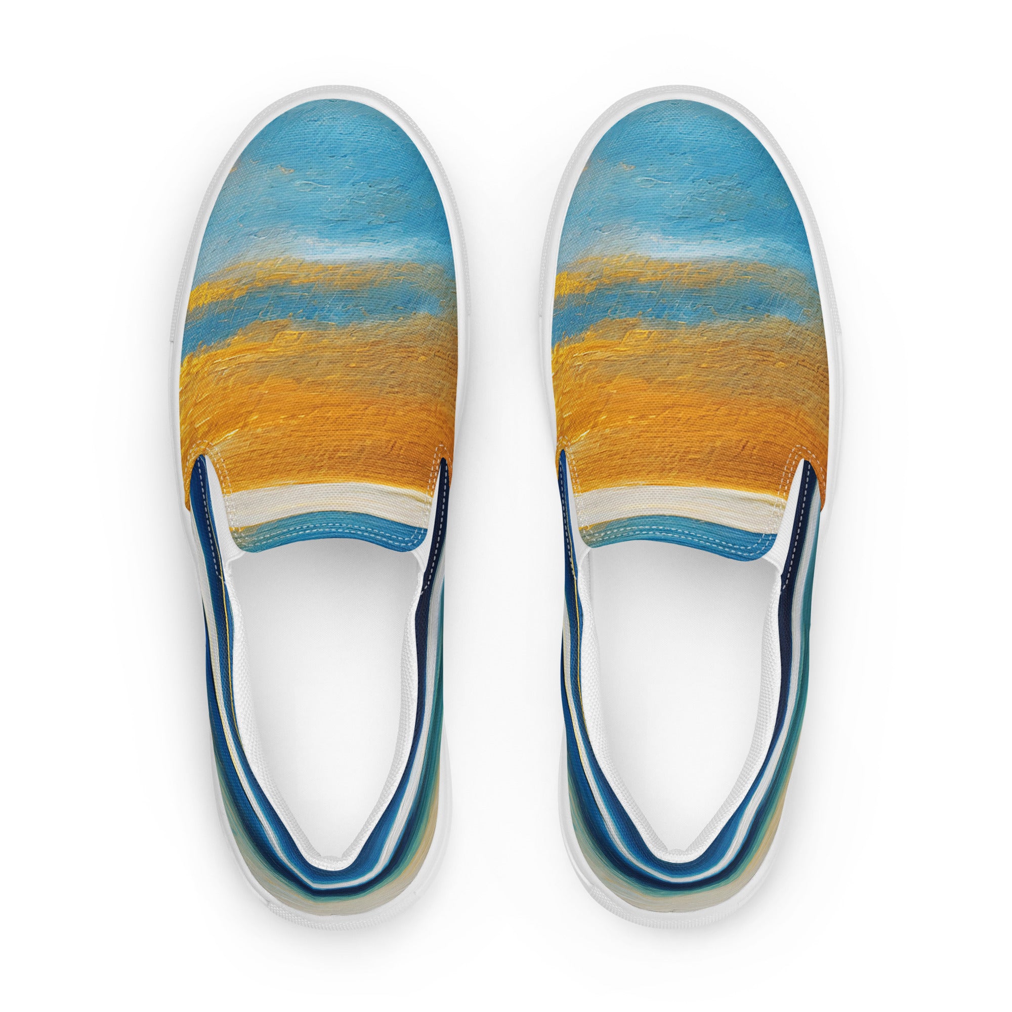 Womens slip-on canvas shoes featuring a vibrant blue ocean and golden sunset print, designed for comfort and style.