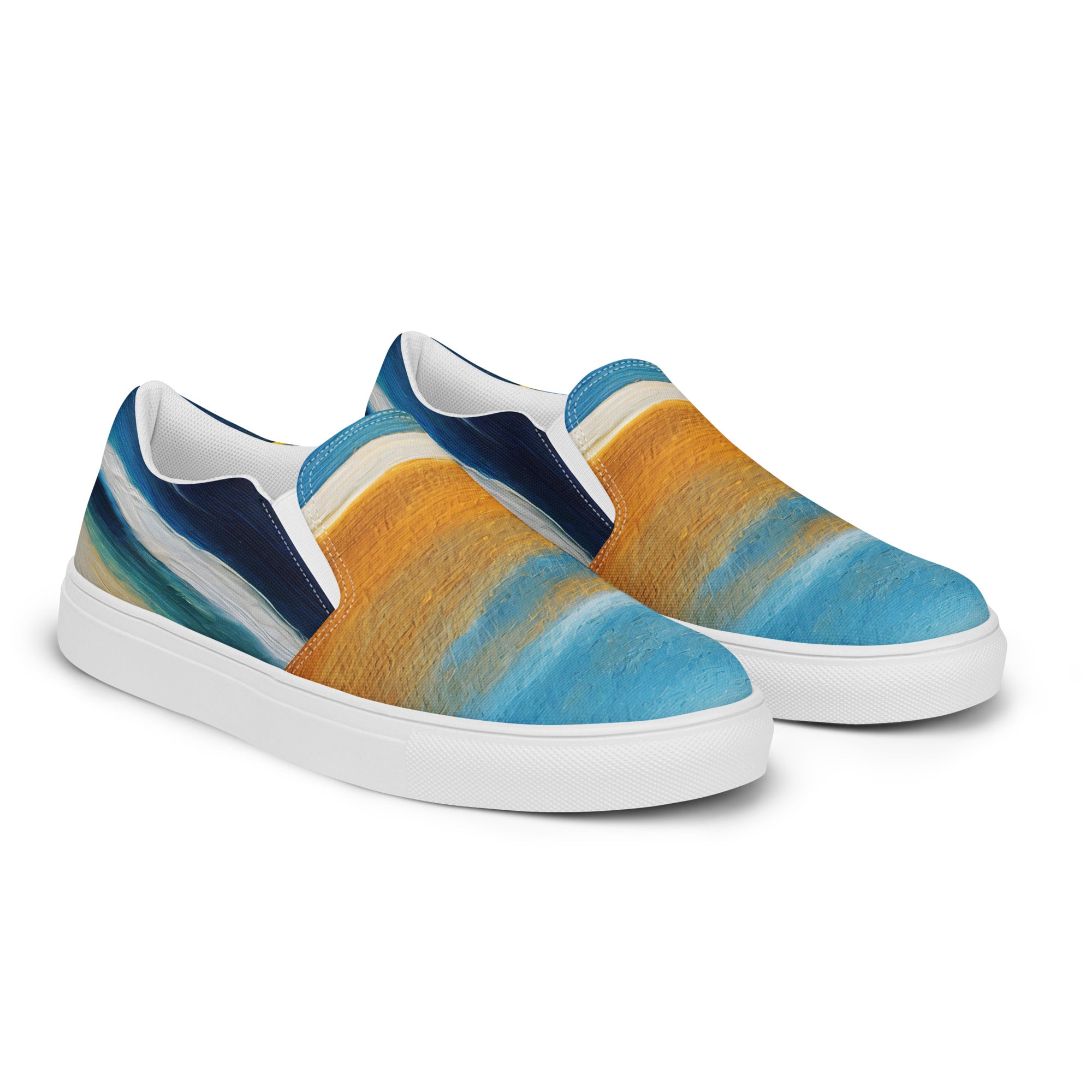 Womens slip-on canvas shoes featuring a vibrant blue ocean and golden sunset print, designed for comfort and style.