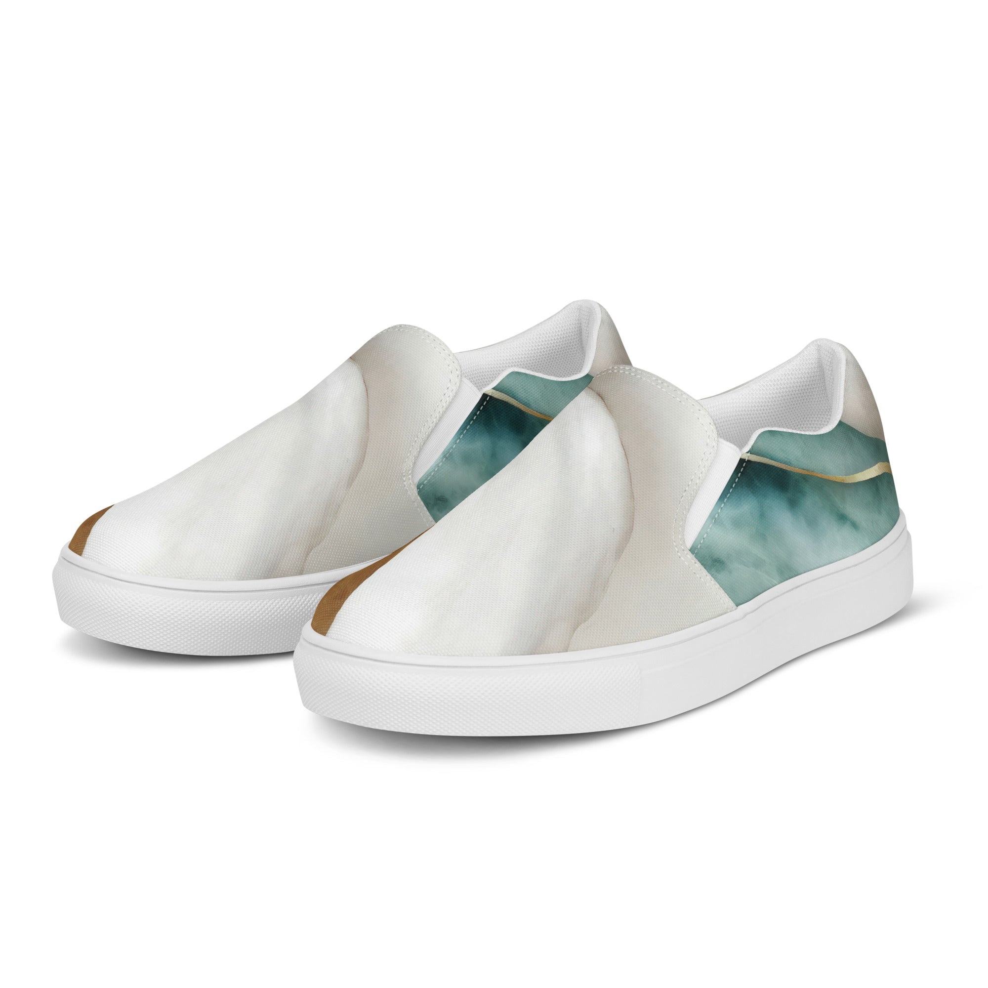 Womens slip-on canvas shoes in cream white and green marbled print, featuring elastic side goring and a durable rubber sole.