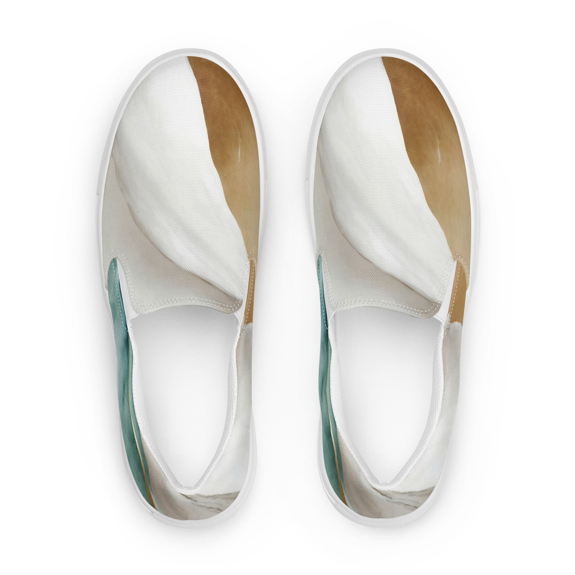 Womens slip-on canvas shoes in cream white and green marbled print, featuring elastic side goring and a durable rubber sole.