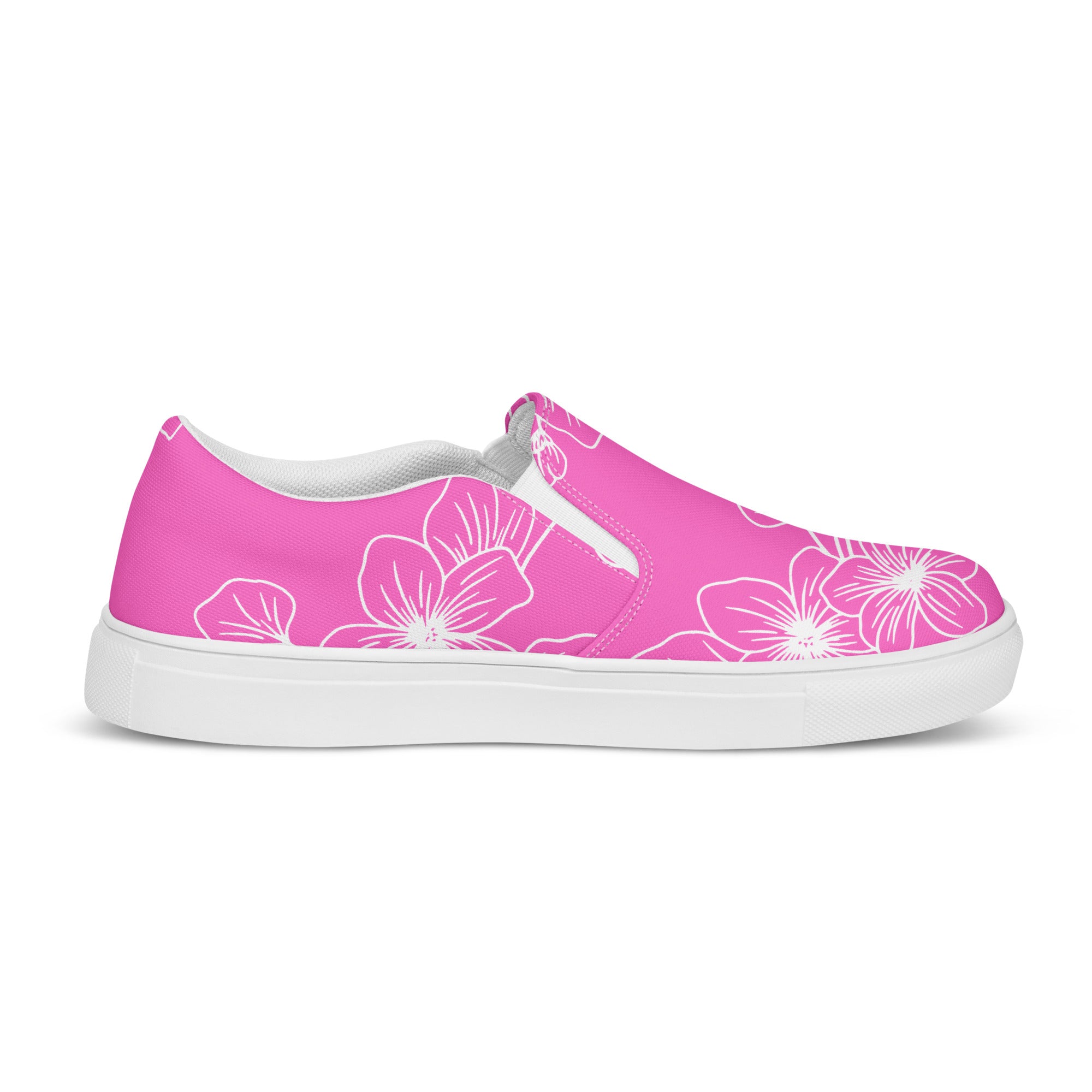 Womens Slip-on Canvas Shoes in Pink Floral design, featuring a breathable canvas upper and durable rubber outsole.