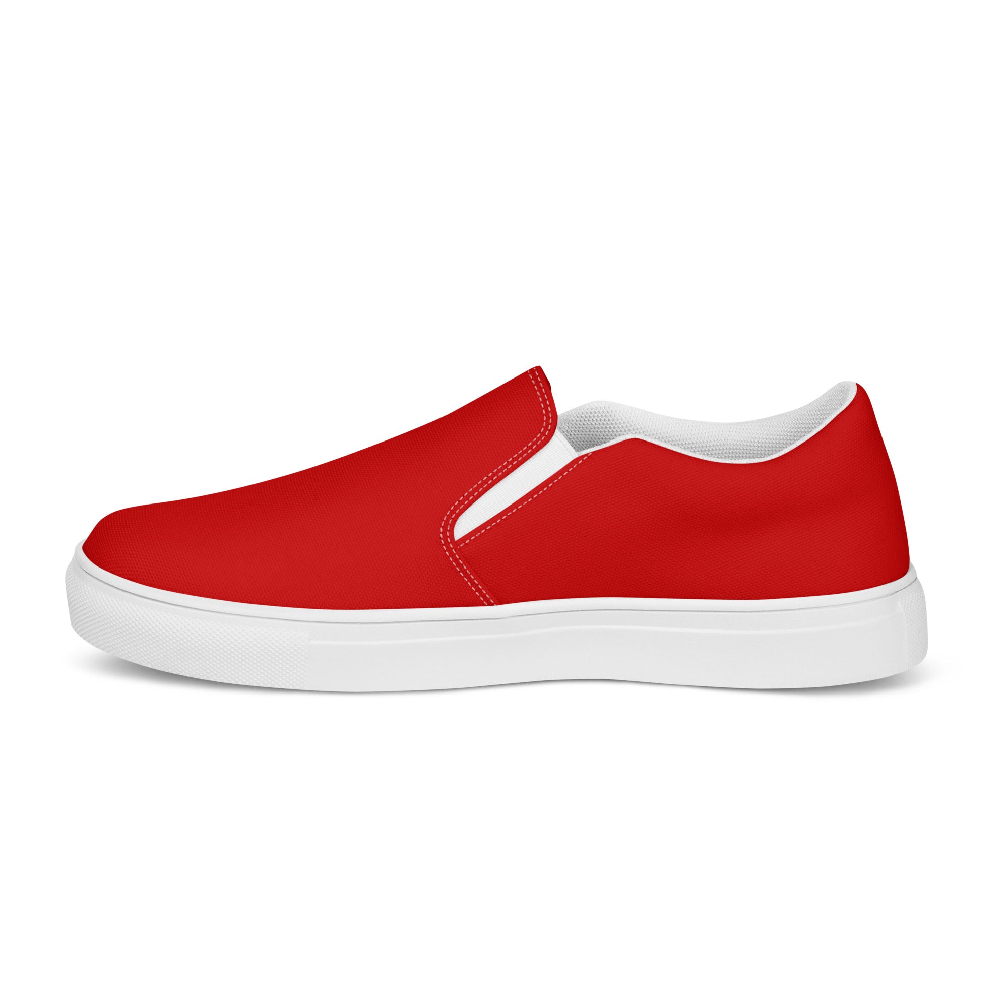 A pair of stylish red womens slip-on canvas shoes featuring elastic side goring and a durable rubber outsole, perfect for casual wear.