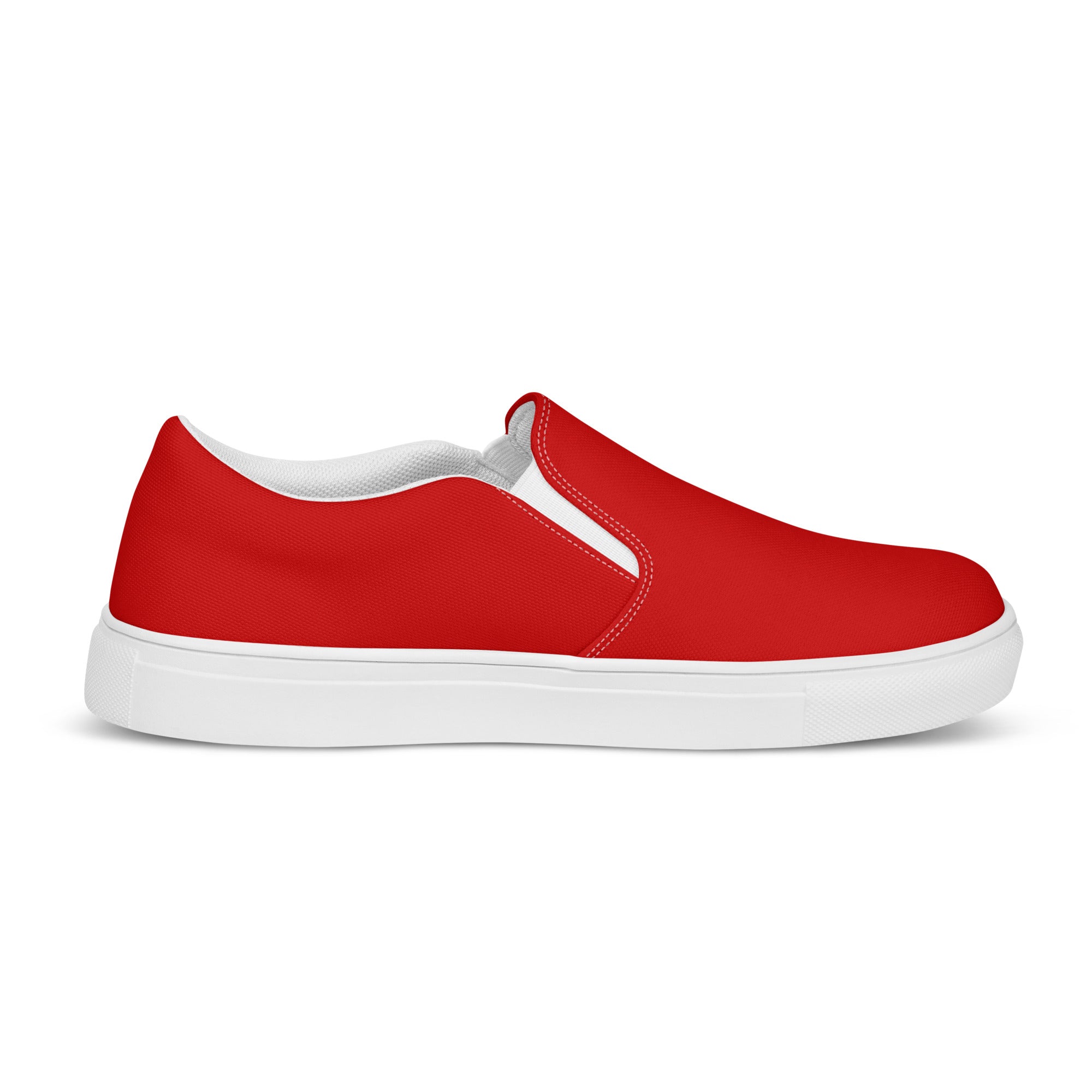 A pair of stylish red womens slip-on canvas shoes featuring elastic side goring and a durable rubber outsole, perfect for casual wear.