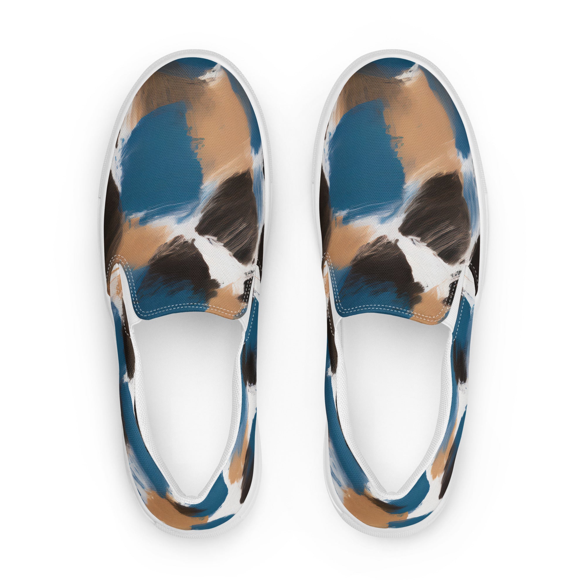 Womens slip-on canvas shoes featuring a spotted rustic brown, black, and blue abstract design, perfect for casual wear.