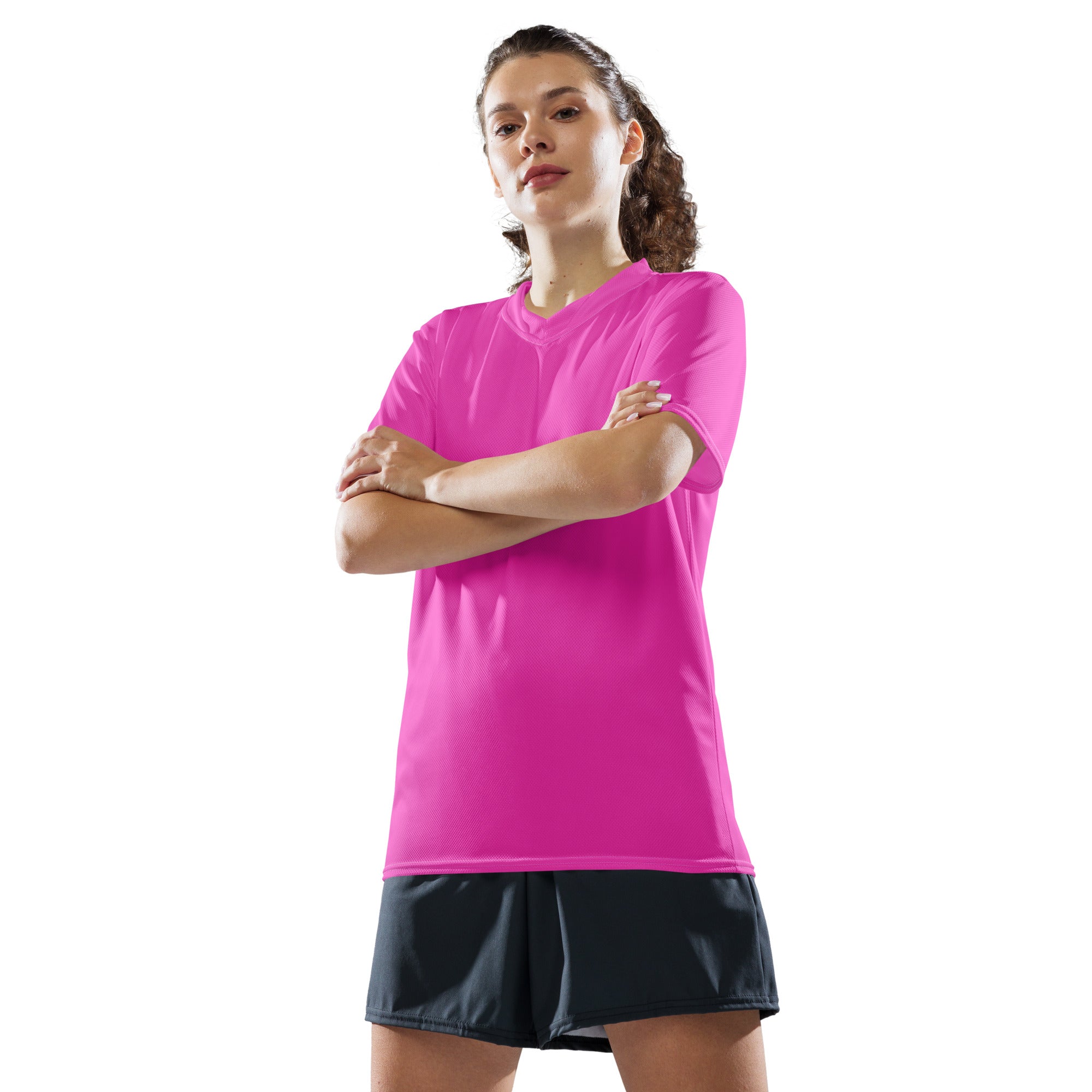 A stylish women's sports jersey made from 100% recycled polyester, featuring a double-layered v-neck collar and moisture-wicking fabric.