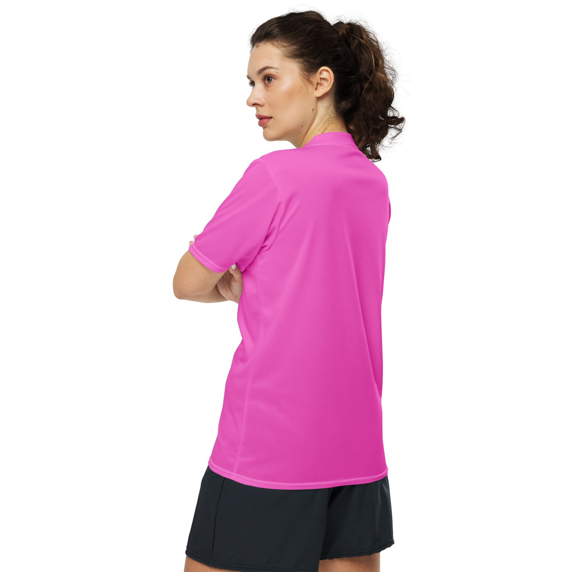 A stylish women's sports jersey made from 100% recycled polyester, featuring a double-layered v-neck collar and moisture-wicking fabric.