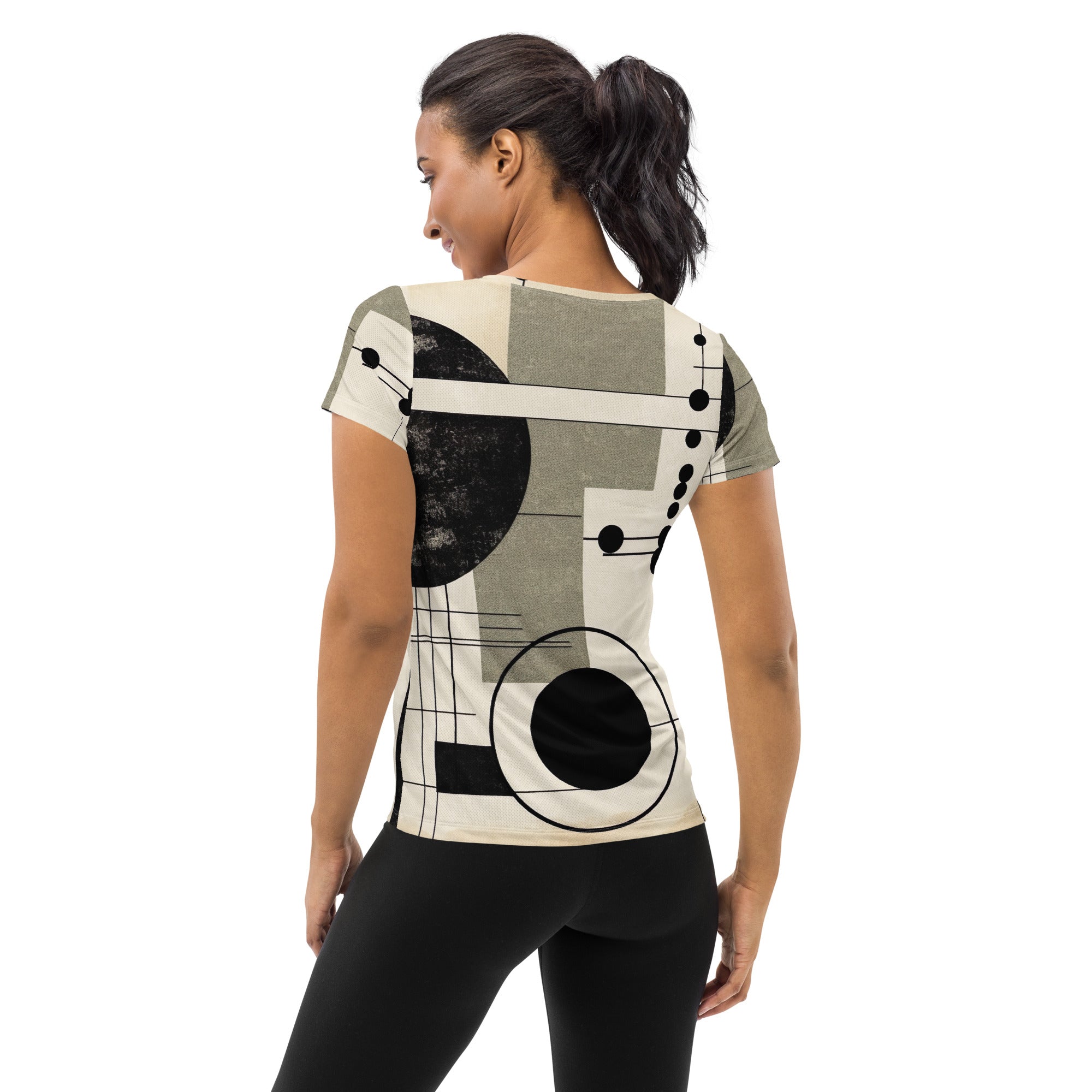 Women's Stretch Fit Athletic Sports T-shirt in Abstract Black Beige with geometric shapes, designed for comfort and performance during workouts.