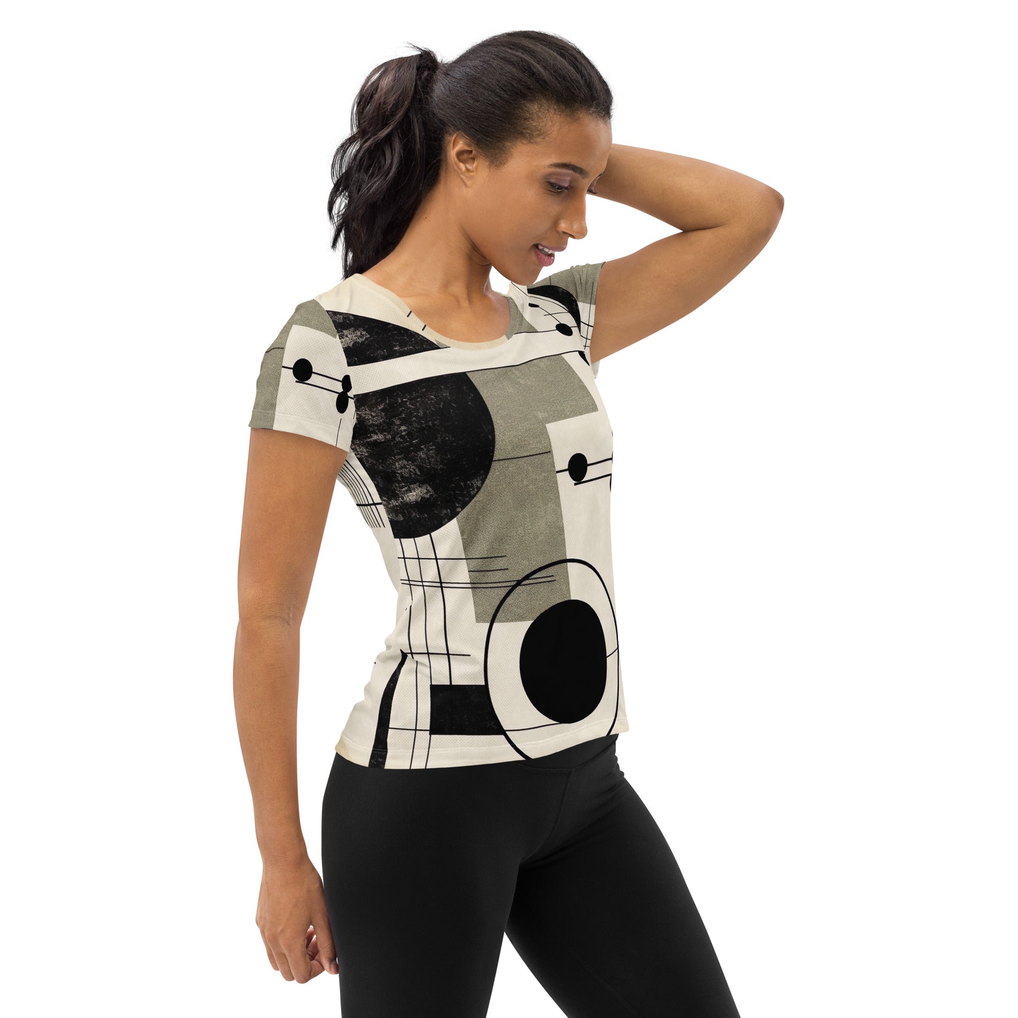 Women's Stretch Fit Athletic Sports T-shirt in Abstract Black Beige with geometric shapes, designed for comfort and performance during workouts.