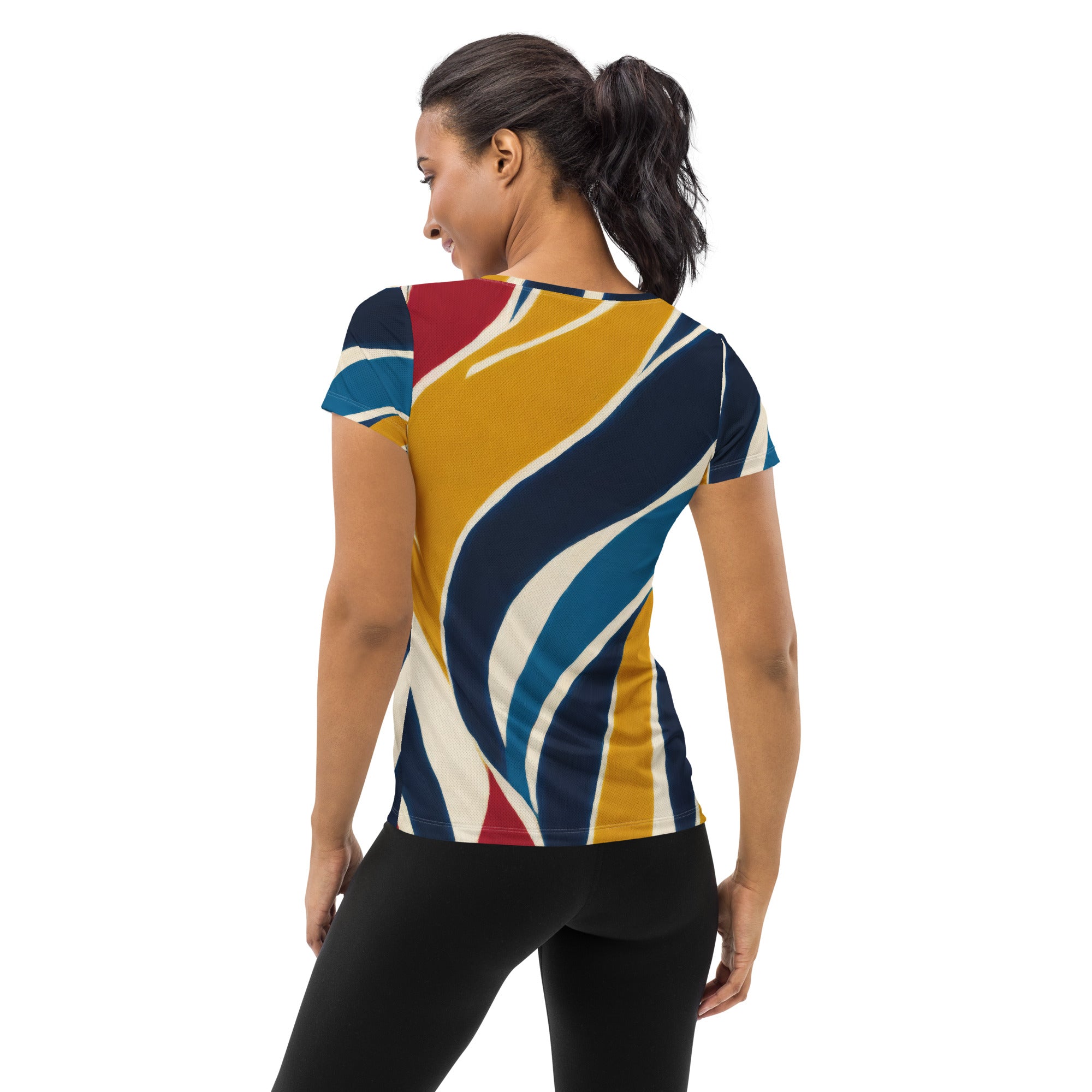 Women's Stretch Fit Athletic Sports T-shirt in abstract multicolor swirl pattern, showcasing its vibrant design and athletic fit.