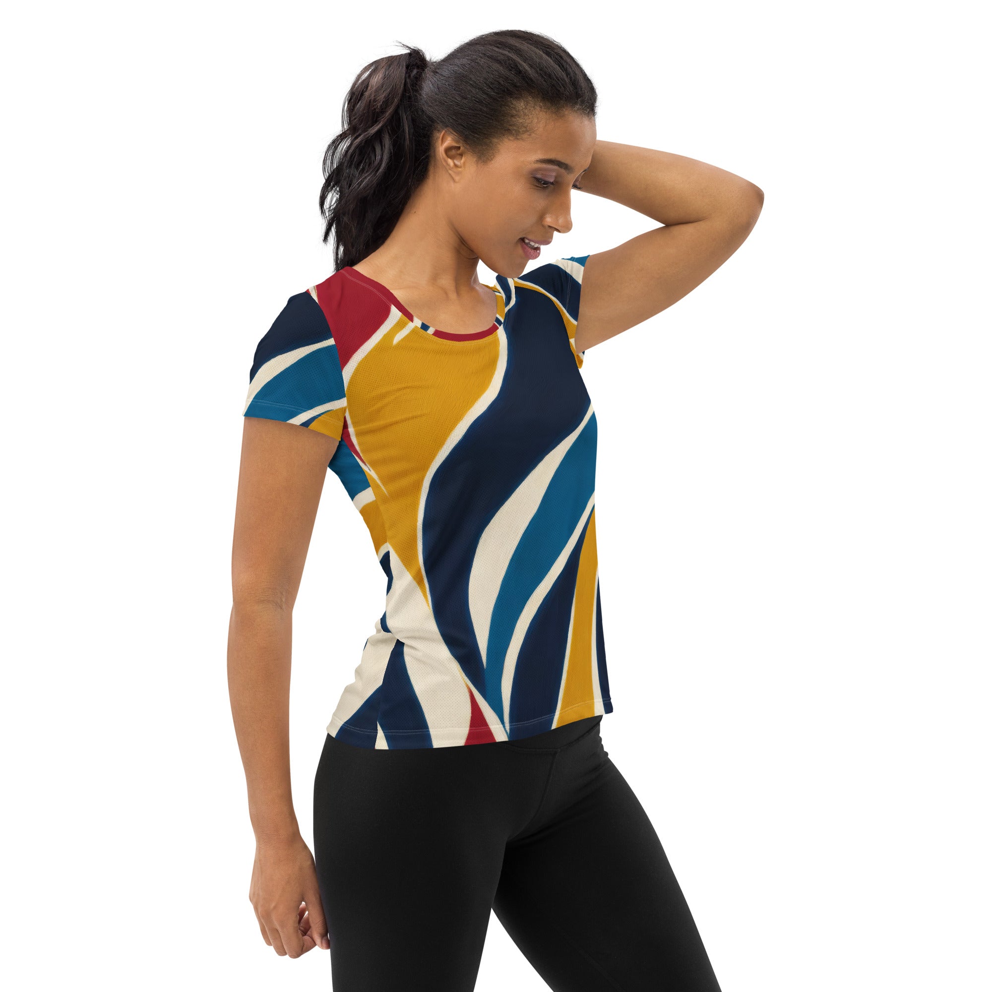 Women's Stretch Fit Athletic Sports T-shirt in abstract multicolor swirl pattern, showcasing its vibrant design and athletic fit.