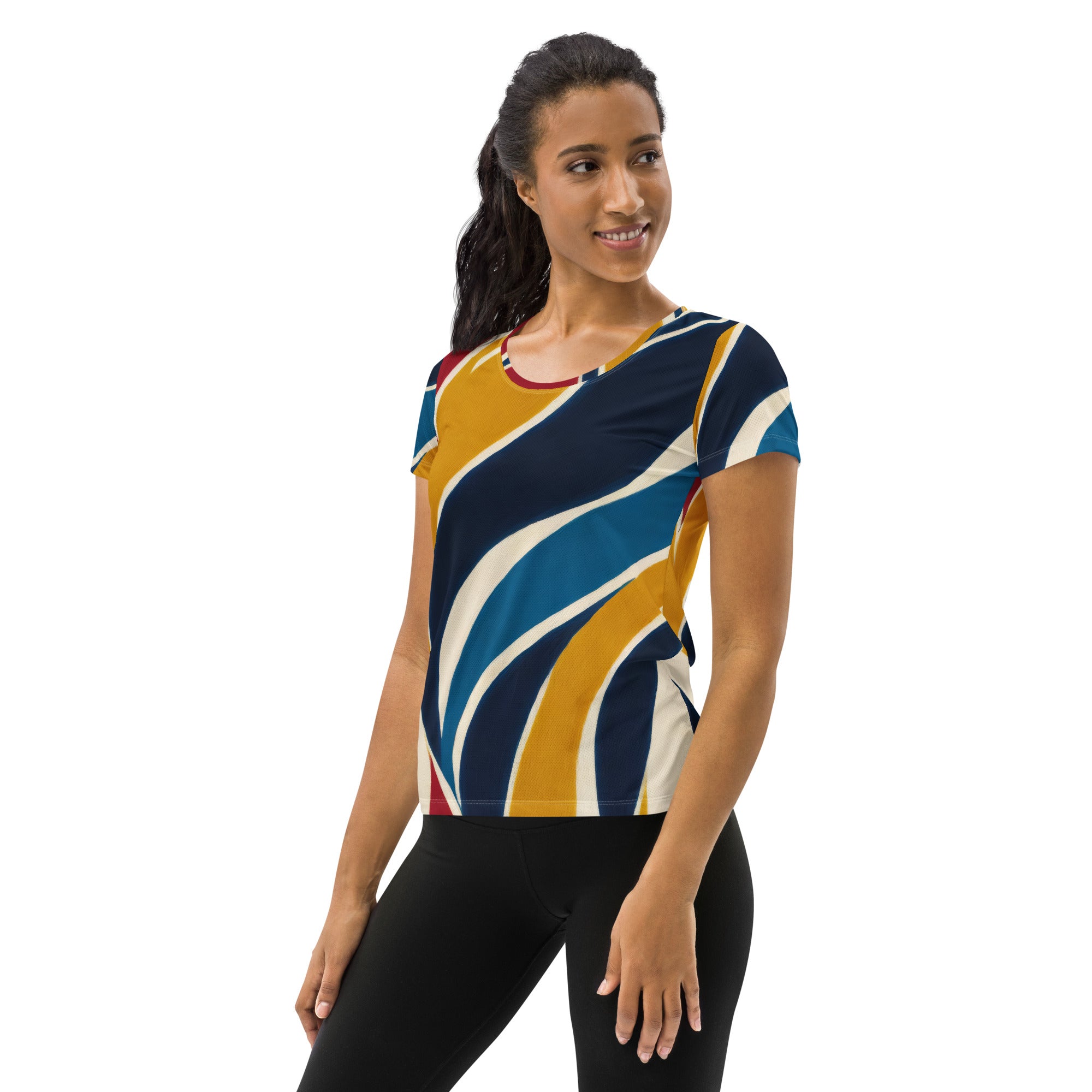 Women's Stretch Fit Athletic Sports T-shirt in abstract multicolor swirl pattern, showcasing its vibrant design and athletic fit.