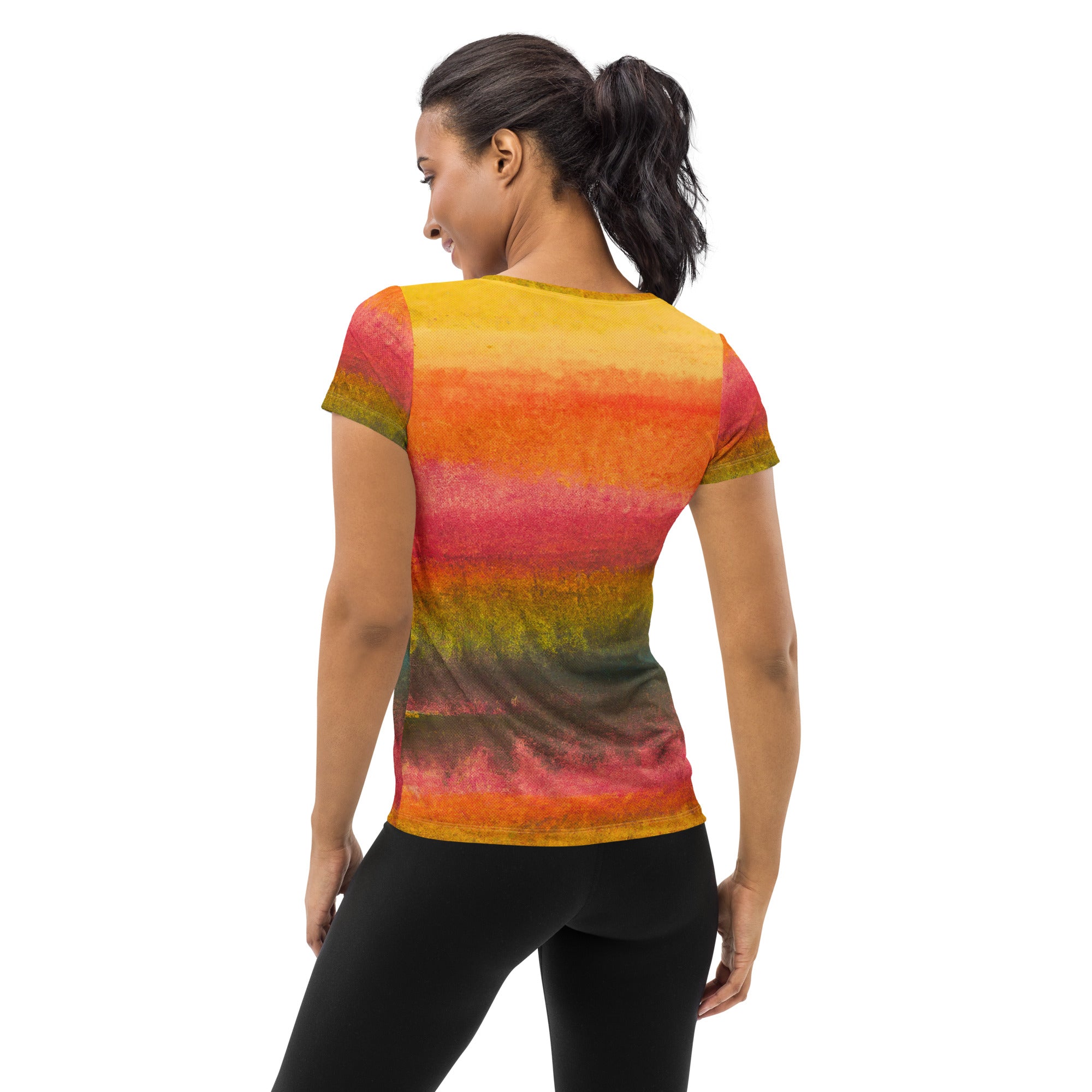 Women's Stretch Fit Athletic Sports T-shirt in Autumn Fall Watercolor design, showcasing vibrant colors and a comfortable fit, perfect for workouts.