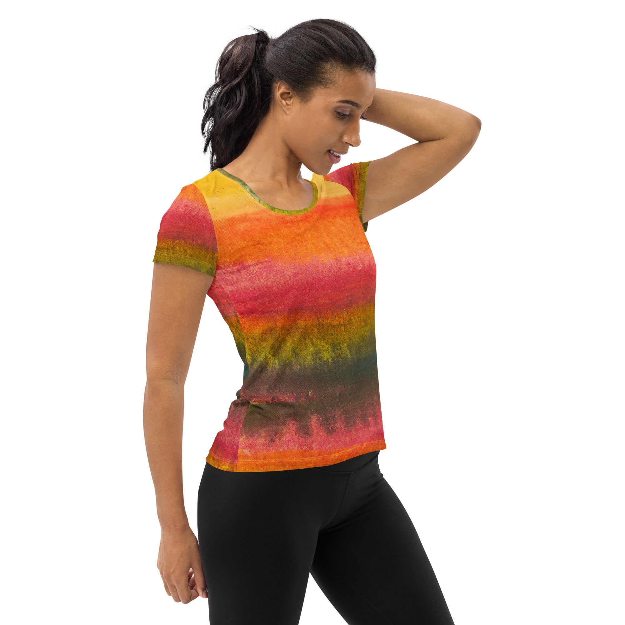 Women's Stretch Fit Athletic Sports T-shirt in Autumn Fall Watercolor design, showcasing vibrant colors and a comfortable fit, perfect for workouts.