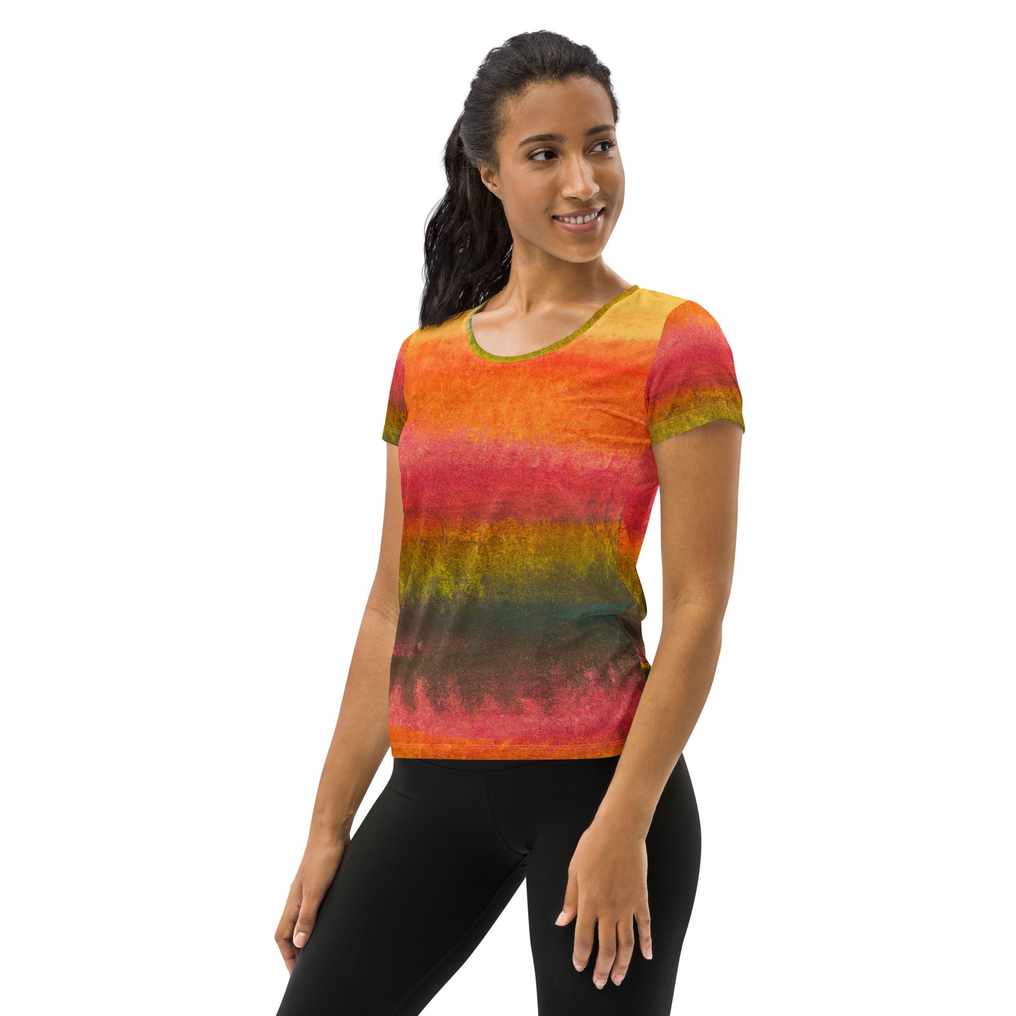 Women's Stretch Fit Athletic Sports T-shirt in Autumn Fall Watercolor design, showcasing vibrant colors and a comfortable fit, perfect for workouts.