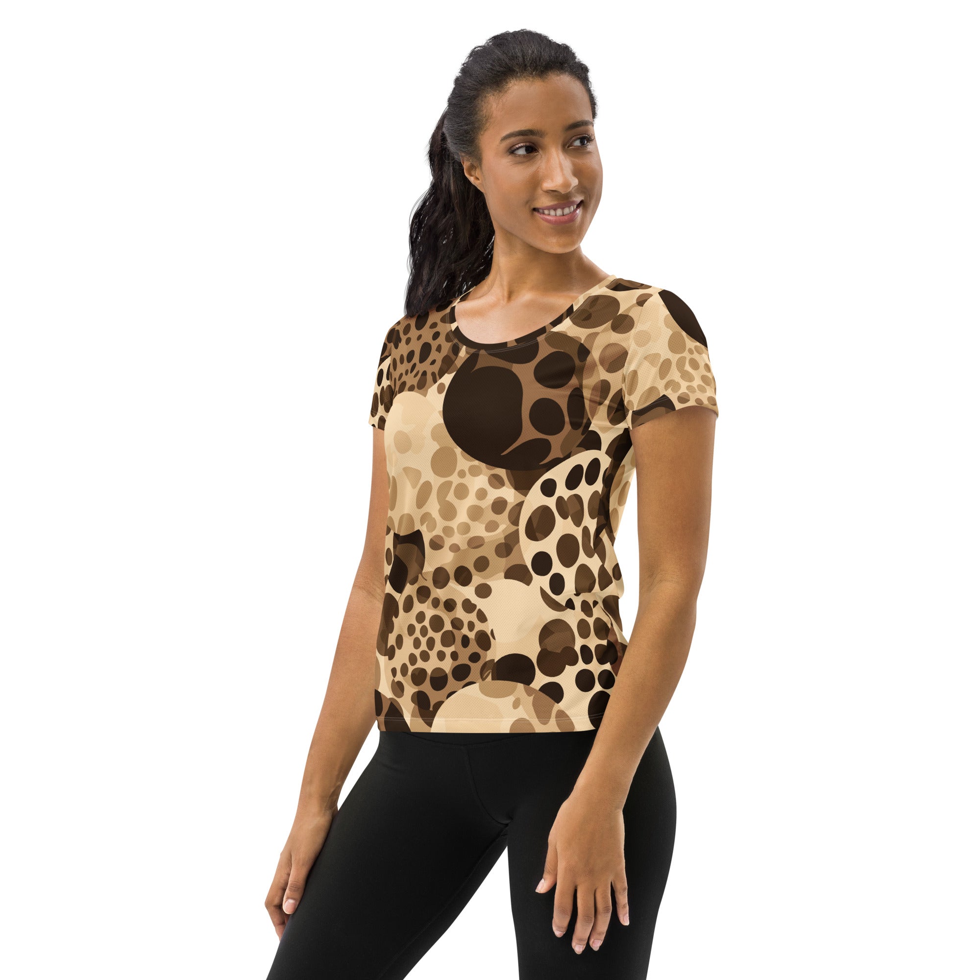 Women's Stretch Fit Athletic Sports T-shirt in beige brown spotted print, showcasing a stylish leopard pattern and athletic design.