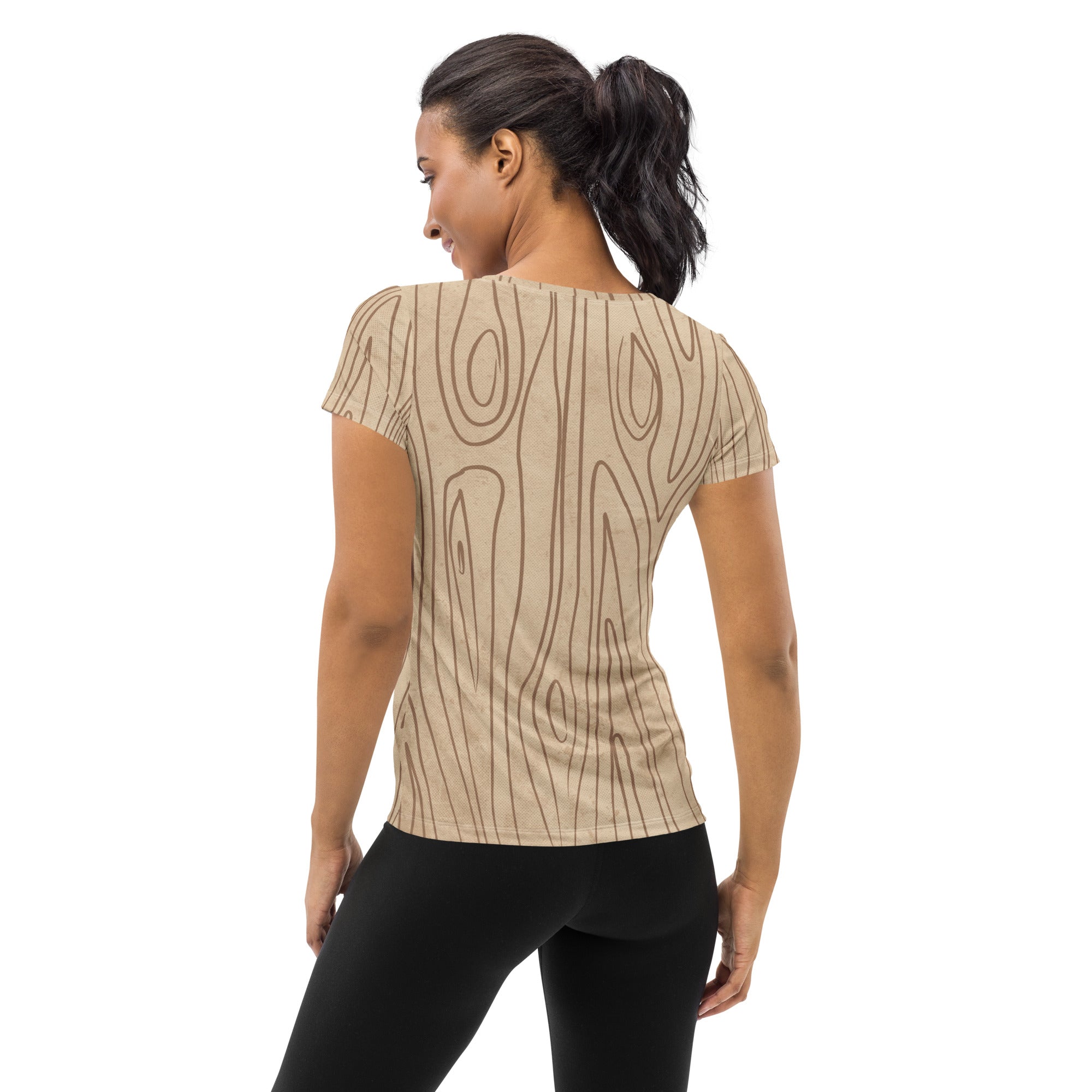 Women's Stretch Fit Athletic Sports T-shirt in beige with brown tree sketch design, showcasing a comfortable fit and stylish appearance.