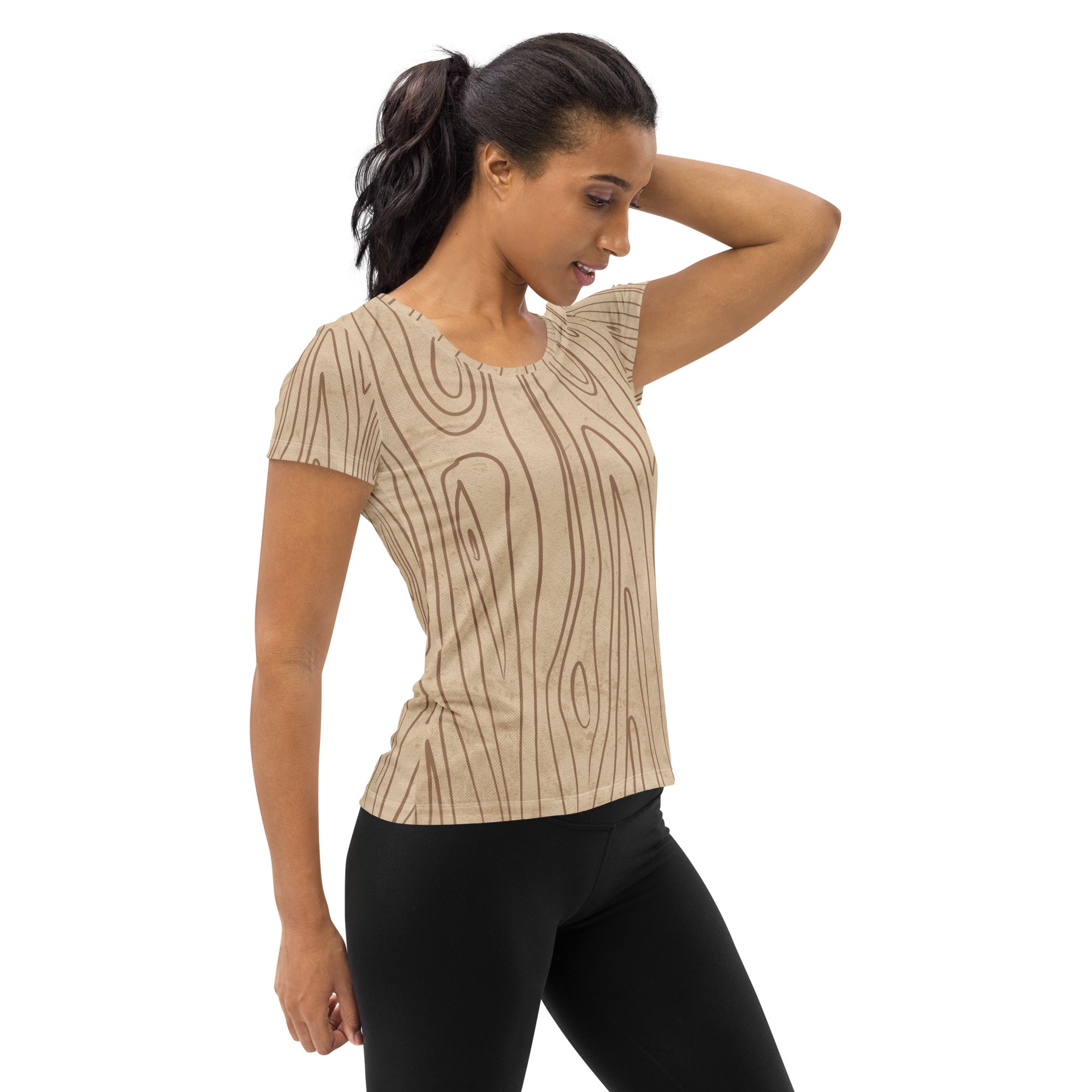 Women's Stretch Fit Athletic Sports T-shirt in beige with brown tree sketch design, showcasing a comfortable fit and stylish appearance.