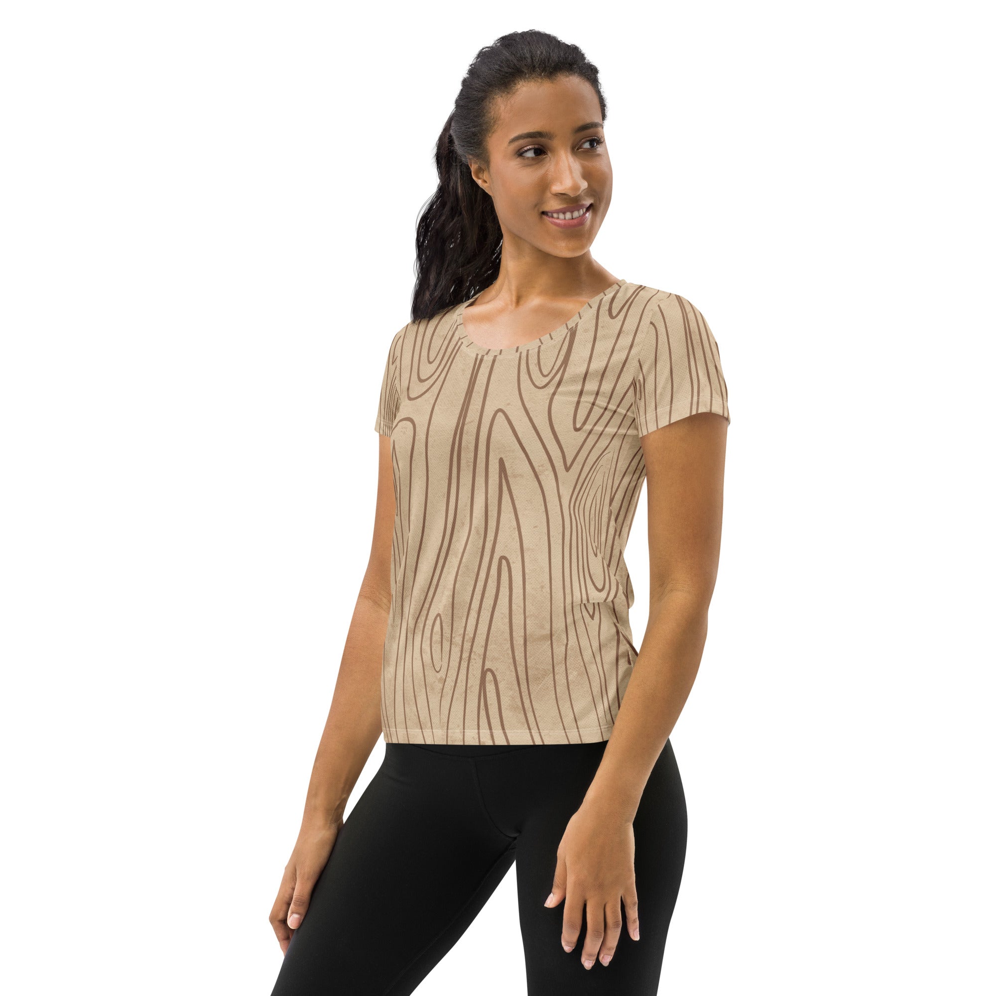 Women's Stretch Fit Athletic Sports T-shirt in beige with brown tree sketch design, showcasing a comfortable fit and stylish appearance.