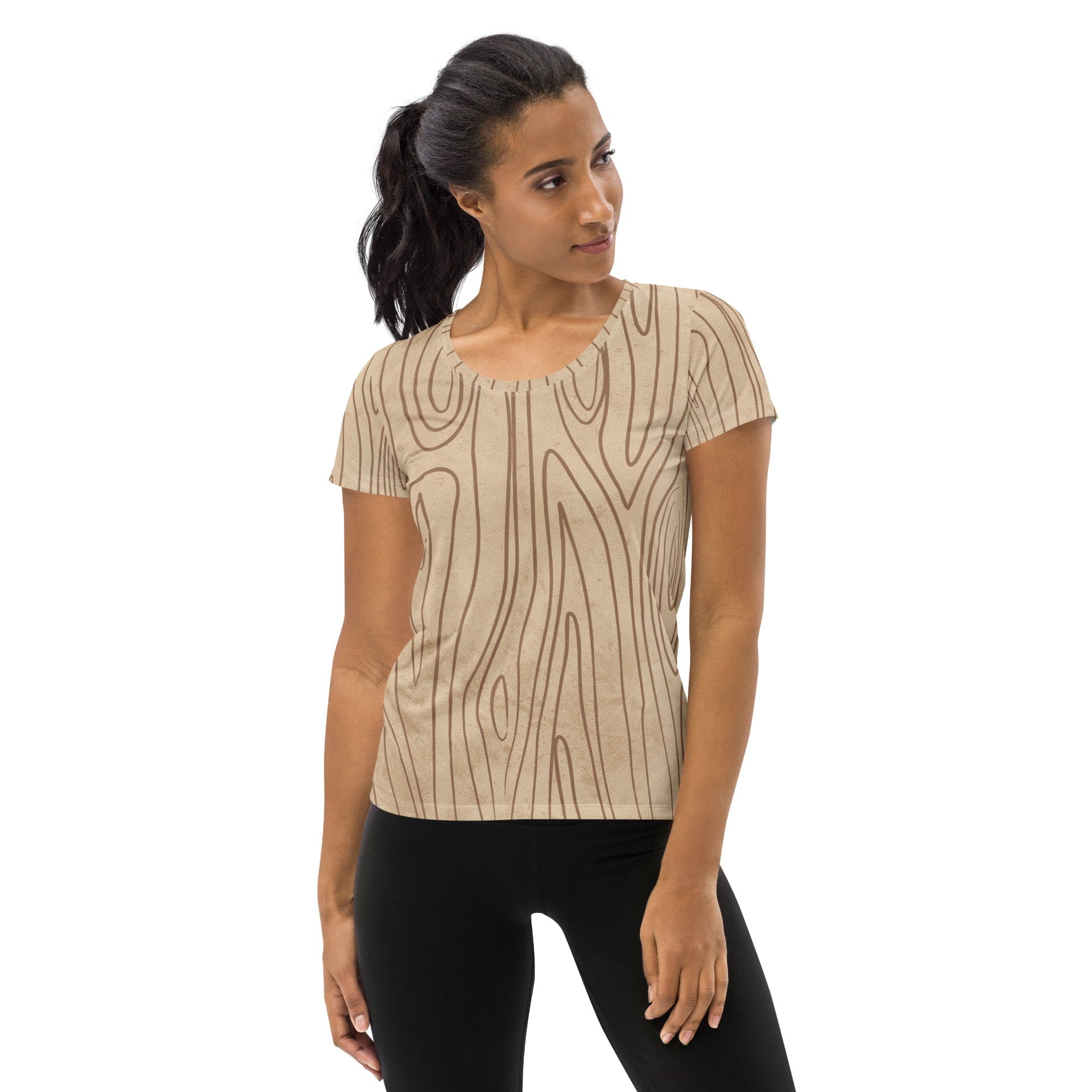 Women's Stretch Fit Athletic Sports T-shirt in beige with brown tree sketch design, showcasing a comfortable fit and stylish appearance.