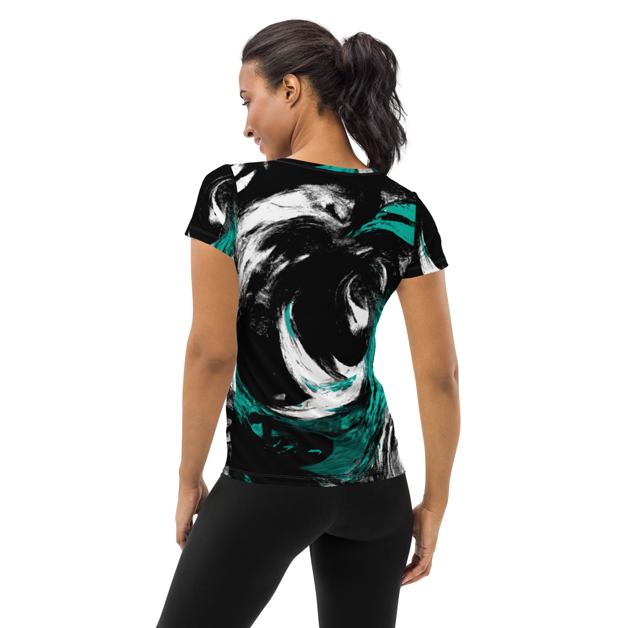 Women's Stretch Fit Athletic Sports T-shirt in black, green, and white with an abstract pattern, designed for comfort and performance during workouts.