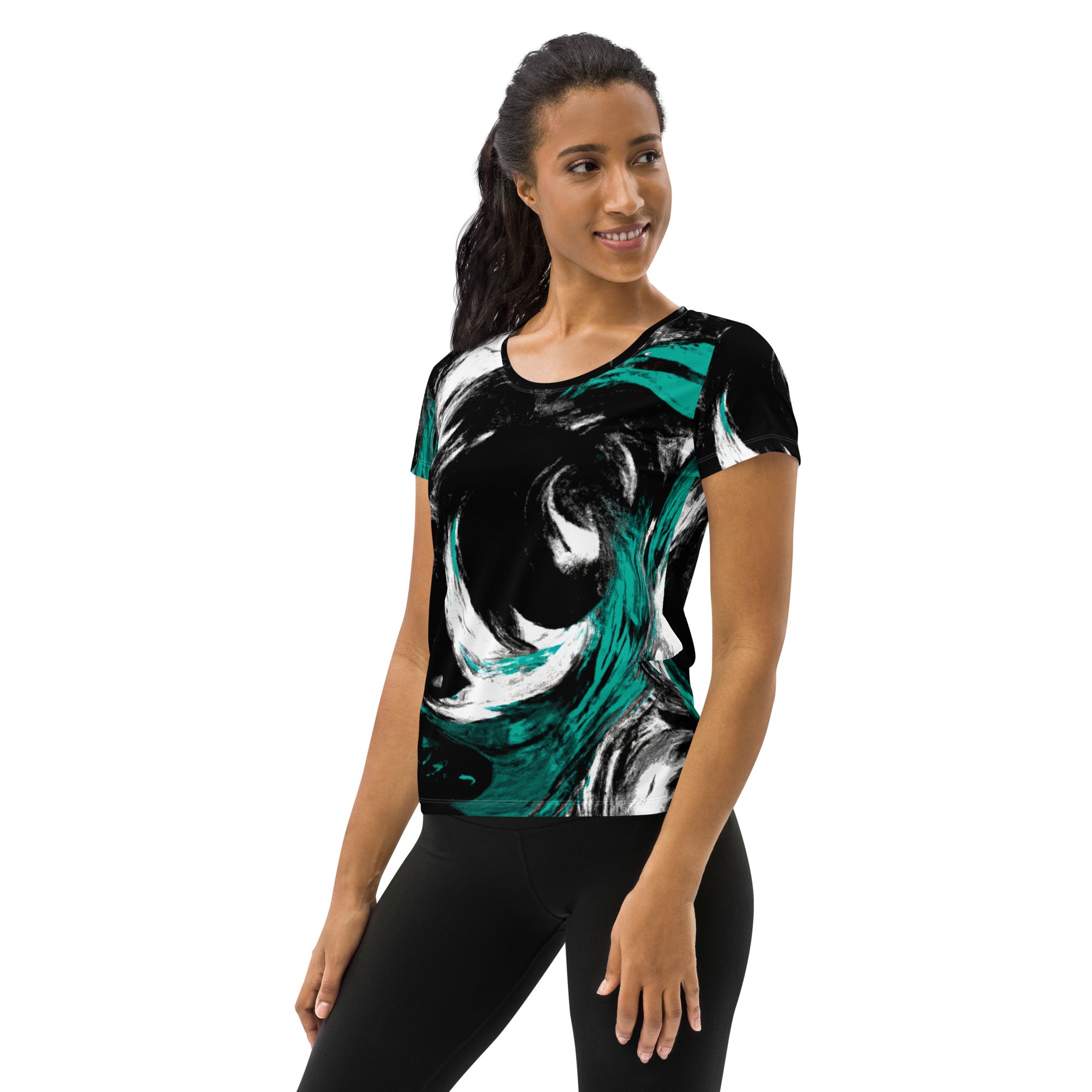 Women's Stretch Fit Athletic Sports T-shirt in black, green, and white with an abstract pattern, designed for comfort and performance during workouts.