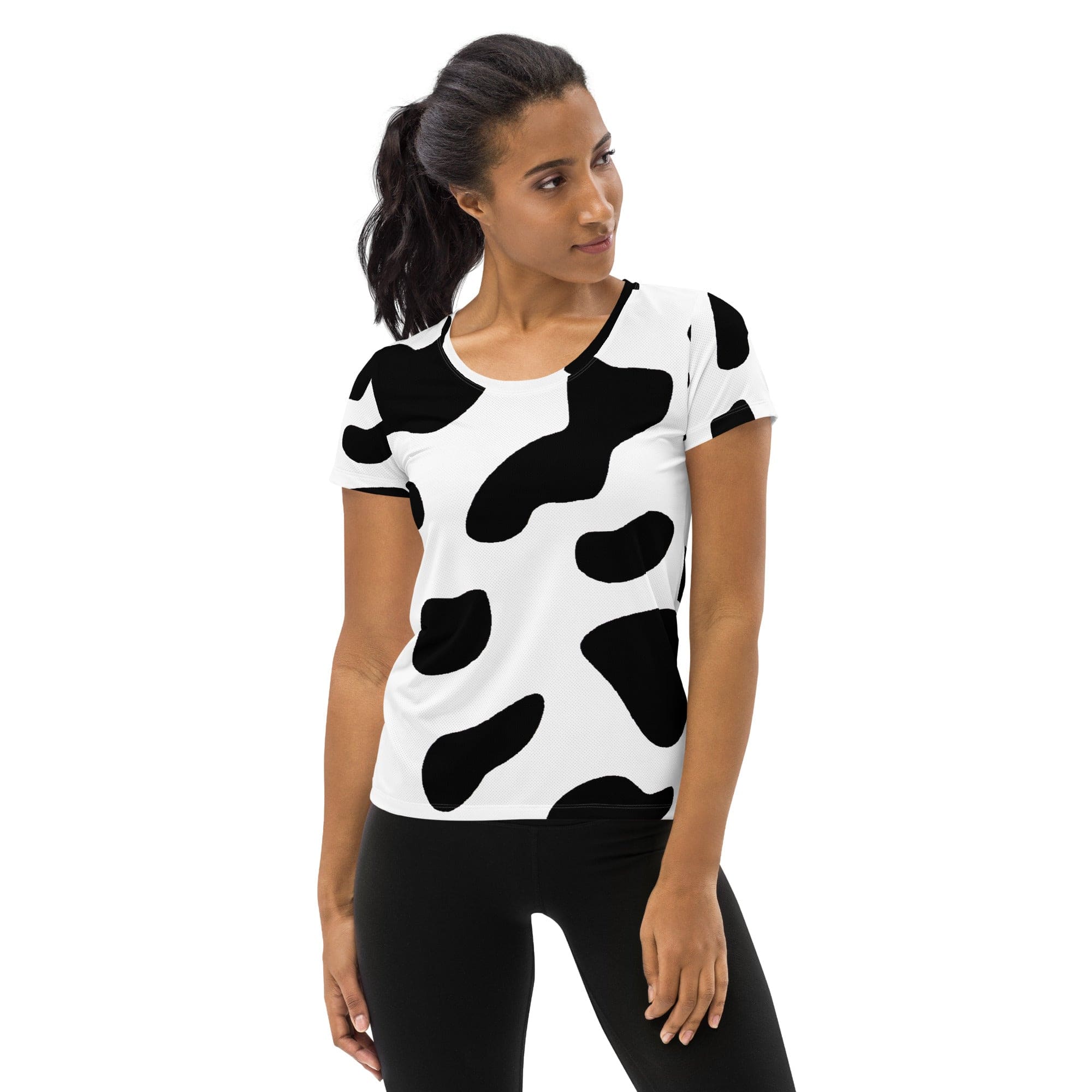 Women's Stretch Fit Athletic Sports T-shirt featuring a stylish black and white cow print, designed for comfort and performance during workouts.