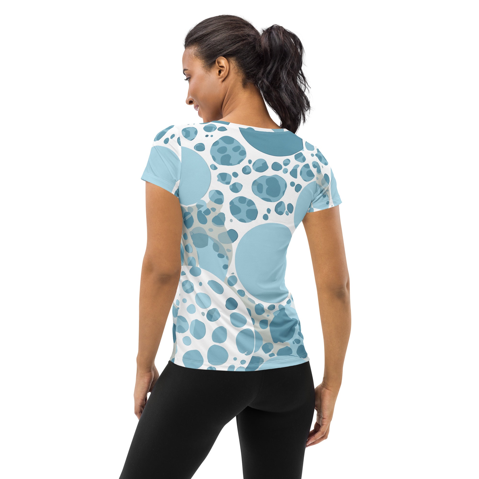 Women's Stretch Fit Athletic Sports T-shirt in blue and white circular design, showcasing its soft fabric and athletic silhouette.